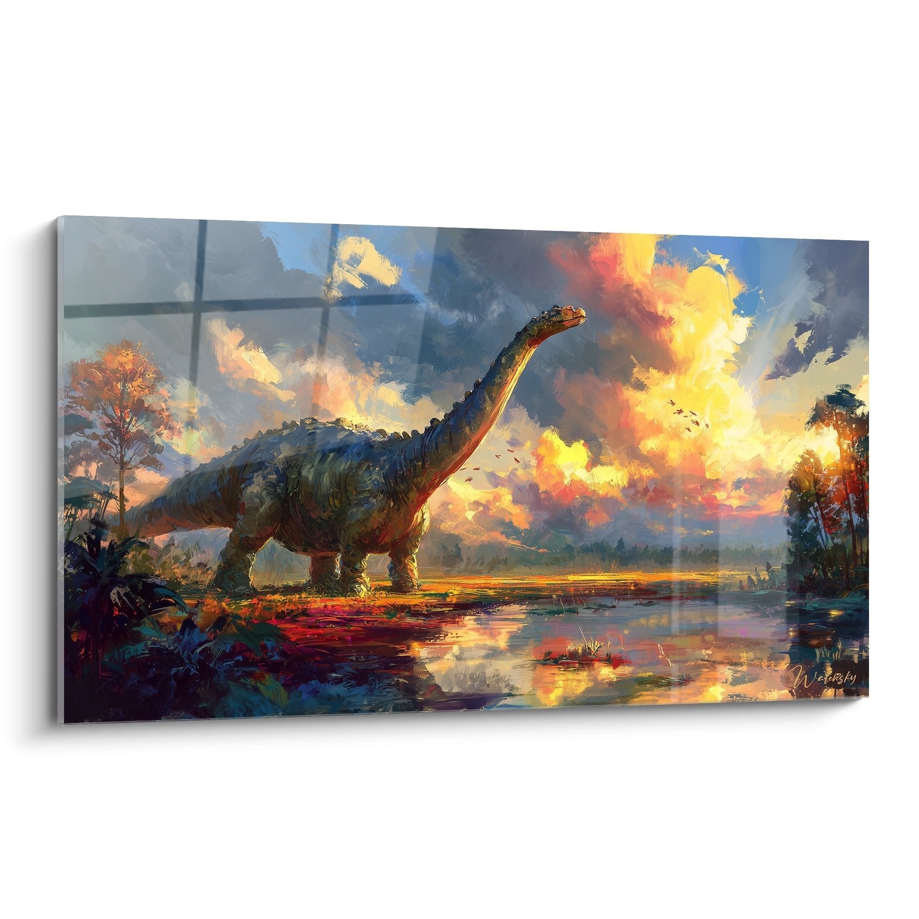 Wandbild Brontosaurus am Ufer bei dramatischem Sonnenuntergang mit leuchtenden Wolken und Wasserspiegelung
