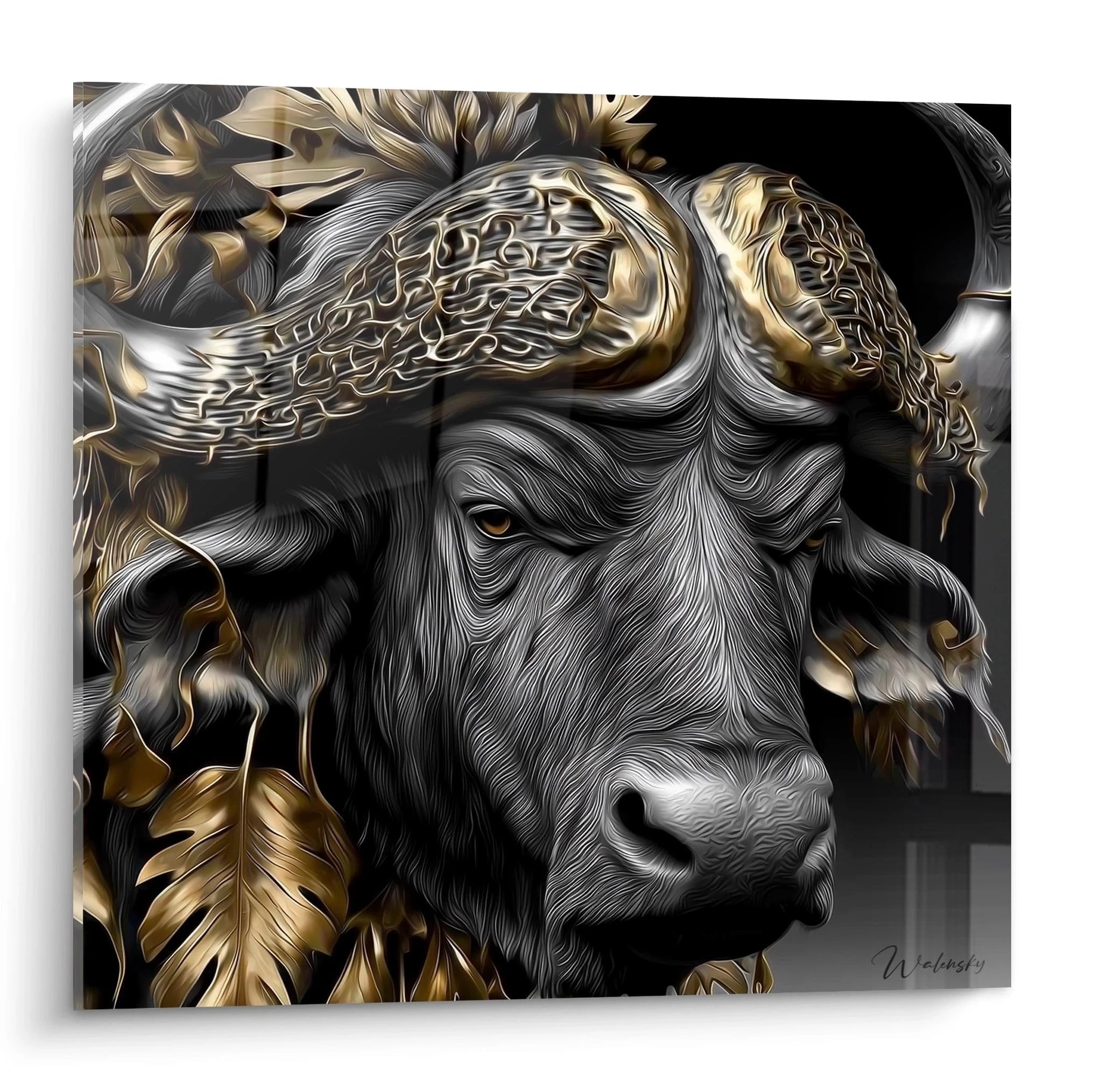 Wandbild majestätischer Büffel mit goldenen Hörnern in Schwarz-Gold-Optik, Edition Schwarzes Gold