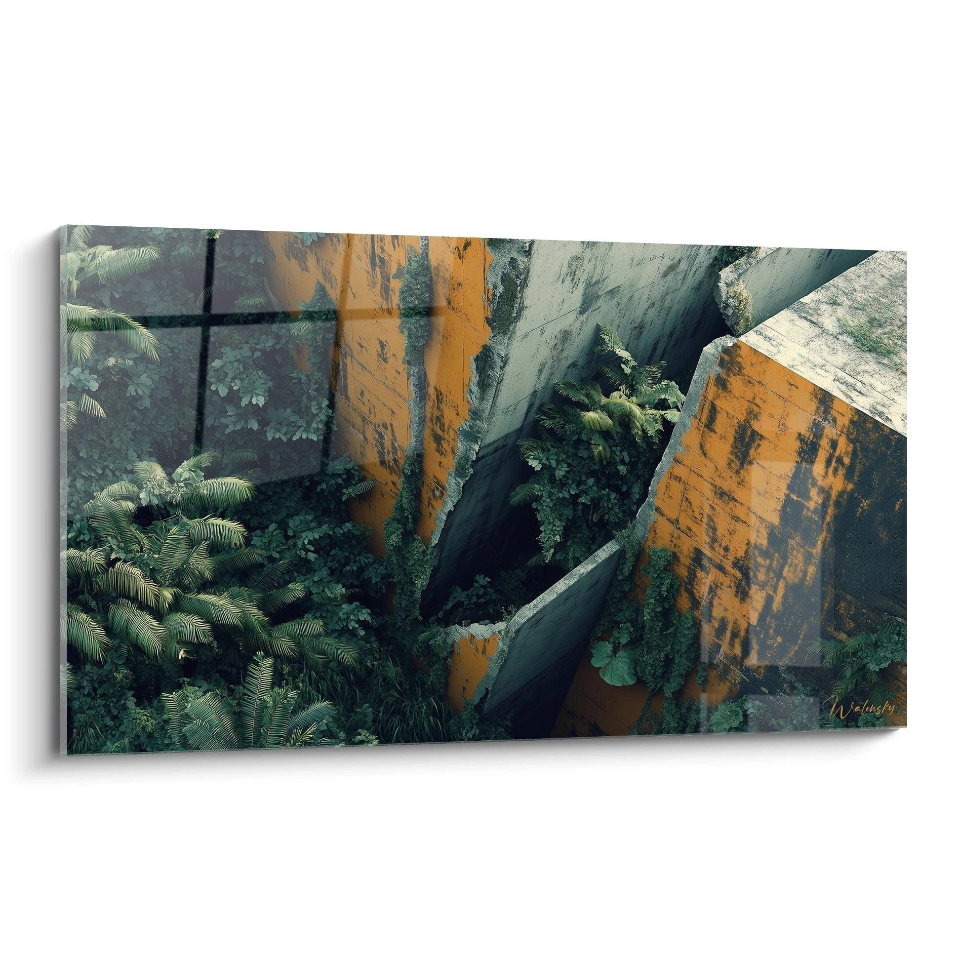 Wandbild verlassene Ruinen mit tropischen Pflanzen und Farnen zwischen rostigen Betonstrukturen