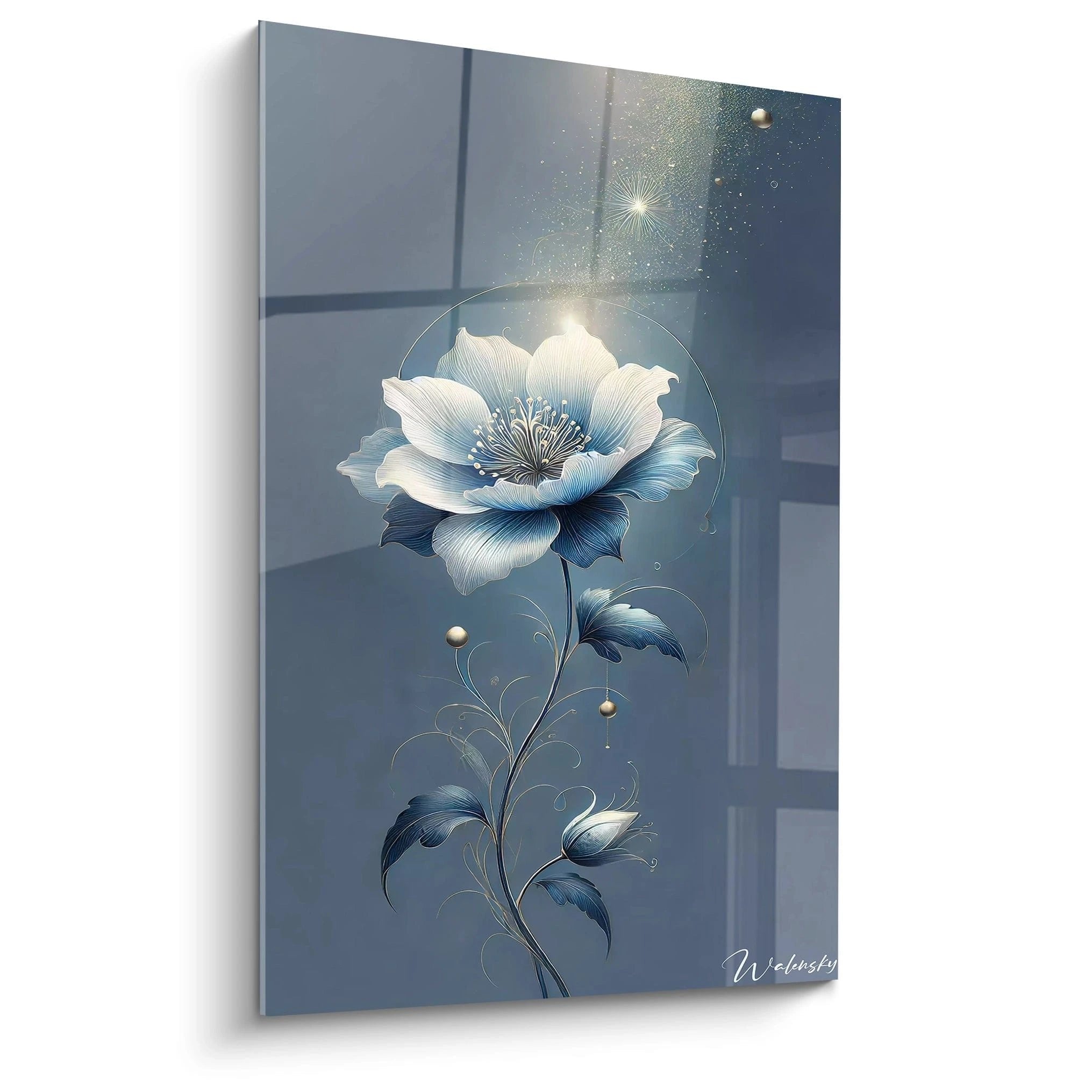 Wandbild blaue Blume mit goldenen Akzenten und geometrischem Hintergrund für Meditation