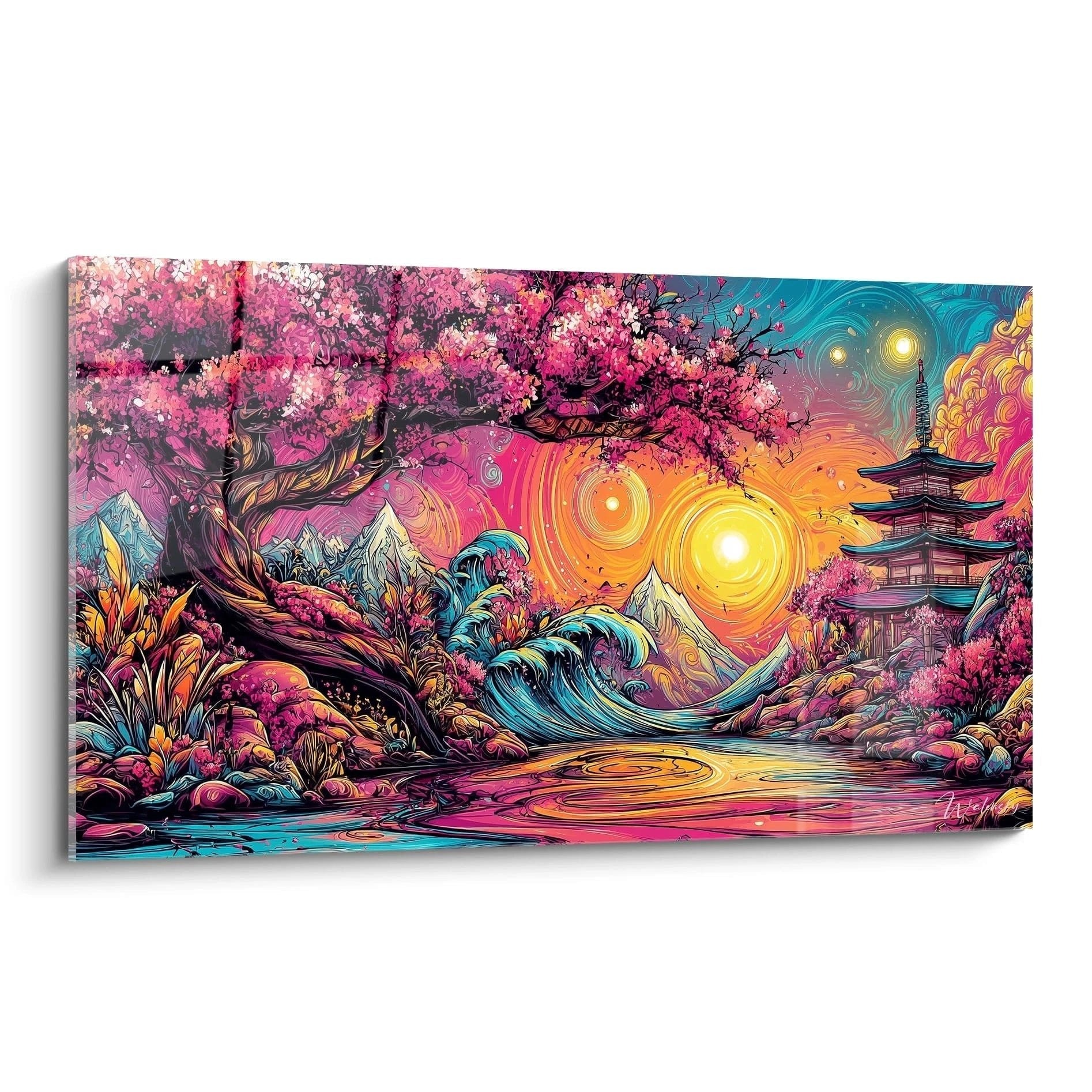 Psychedelisches Wandbild mit japanischer Kirschblüten-Landschaft, Pagode und leuchtenden Farben in Pink, Türkis und Orange