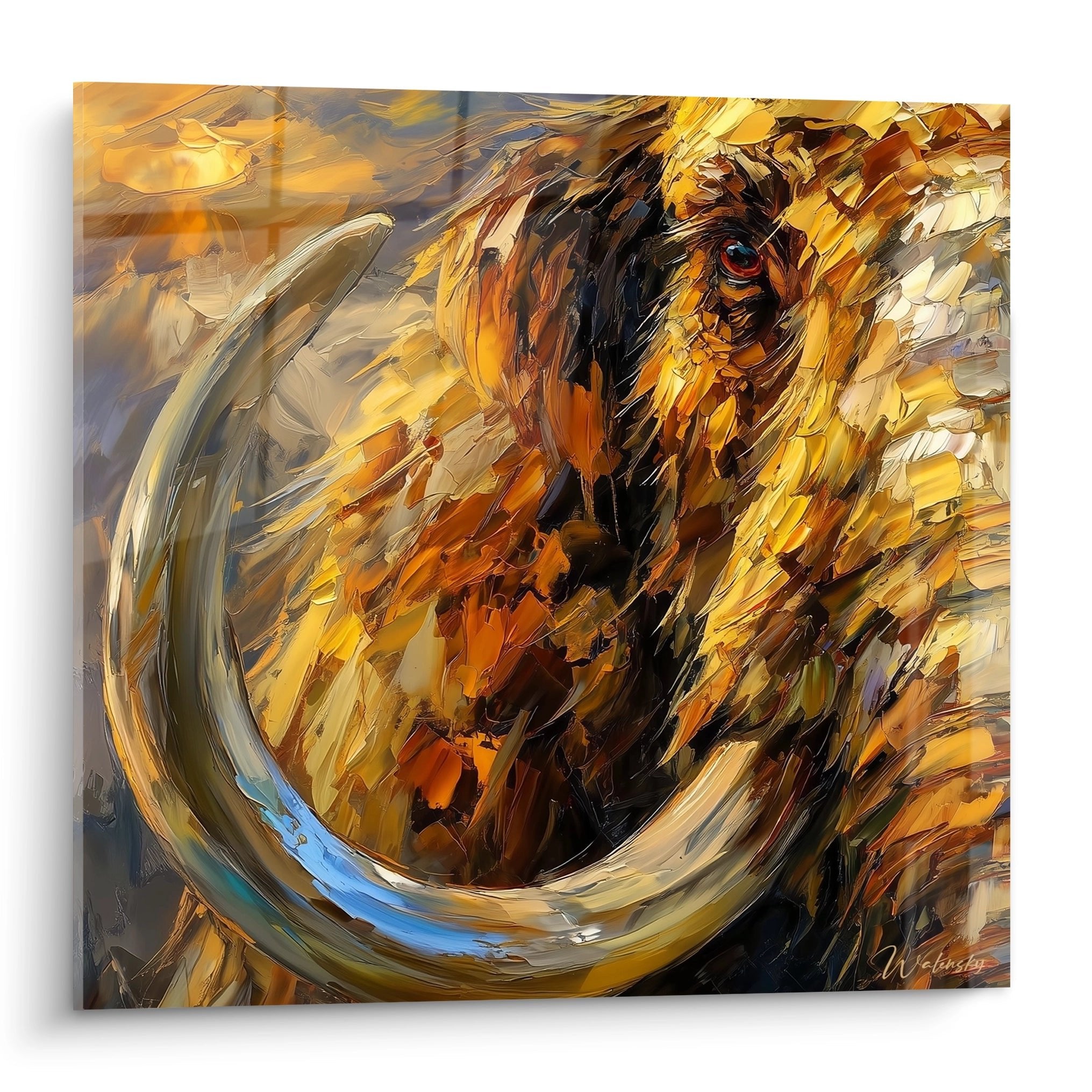 Expressives Wollmammut Wandbild mit geschwungenen Stoßzähnen in warmen Goldtönen und dynamischen Pinselstrichen