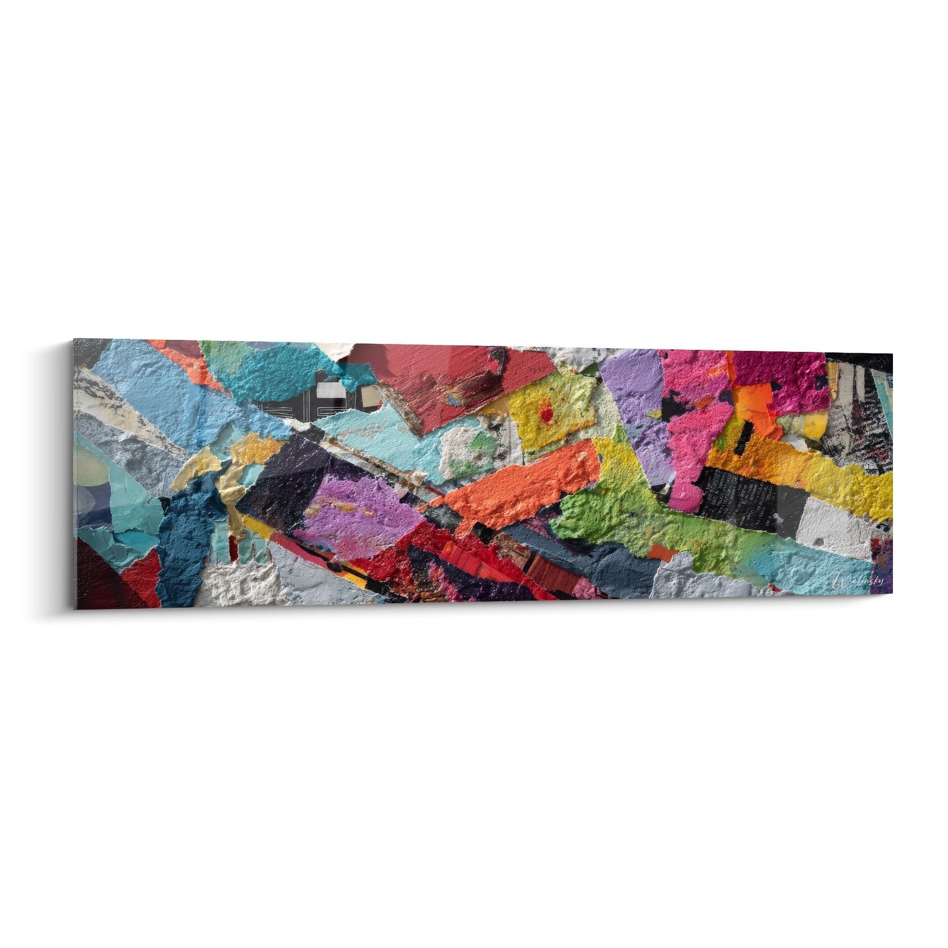 Abstraktes Collage-Wandbild mit leuchtenden Farben in Türkis, Orange, Violett und Magenta im Panoramaformat