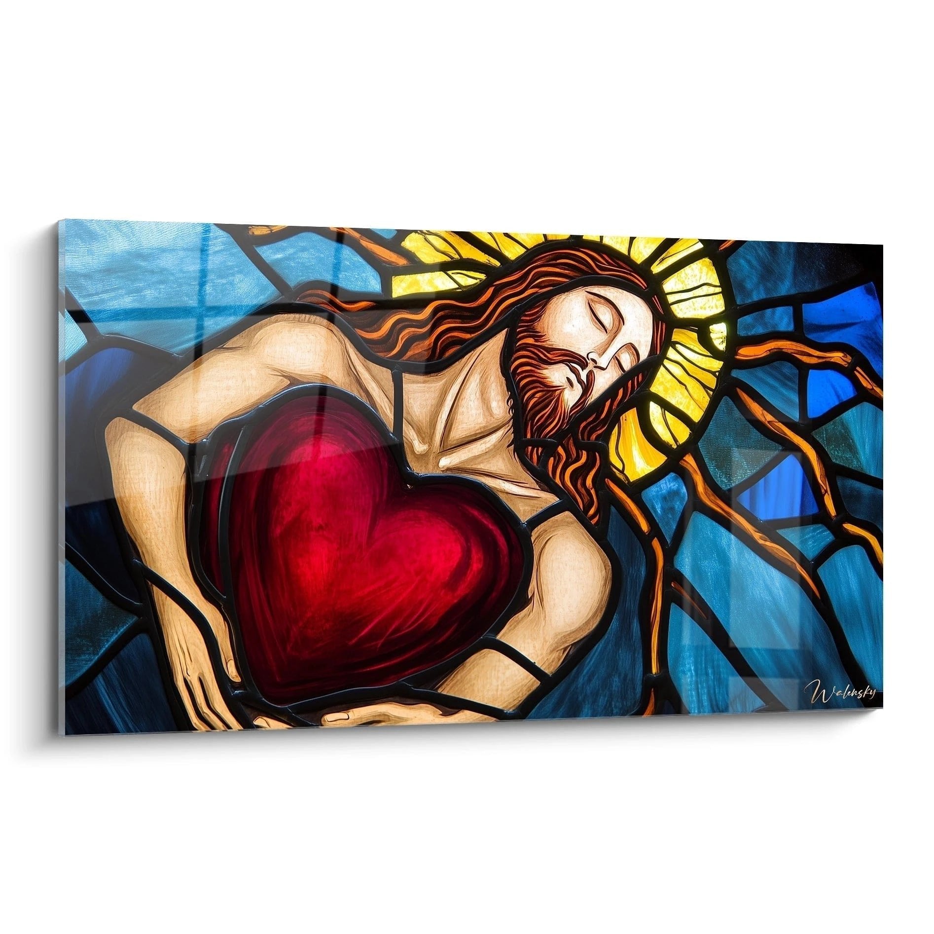 Wandbild Jesus mit rotem Herzen im Glasmalerei-Stil mit goldenem Heiligenschein und blauem Hintergrund