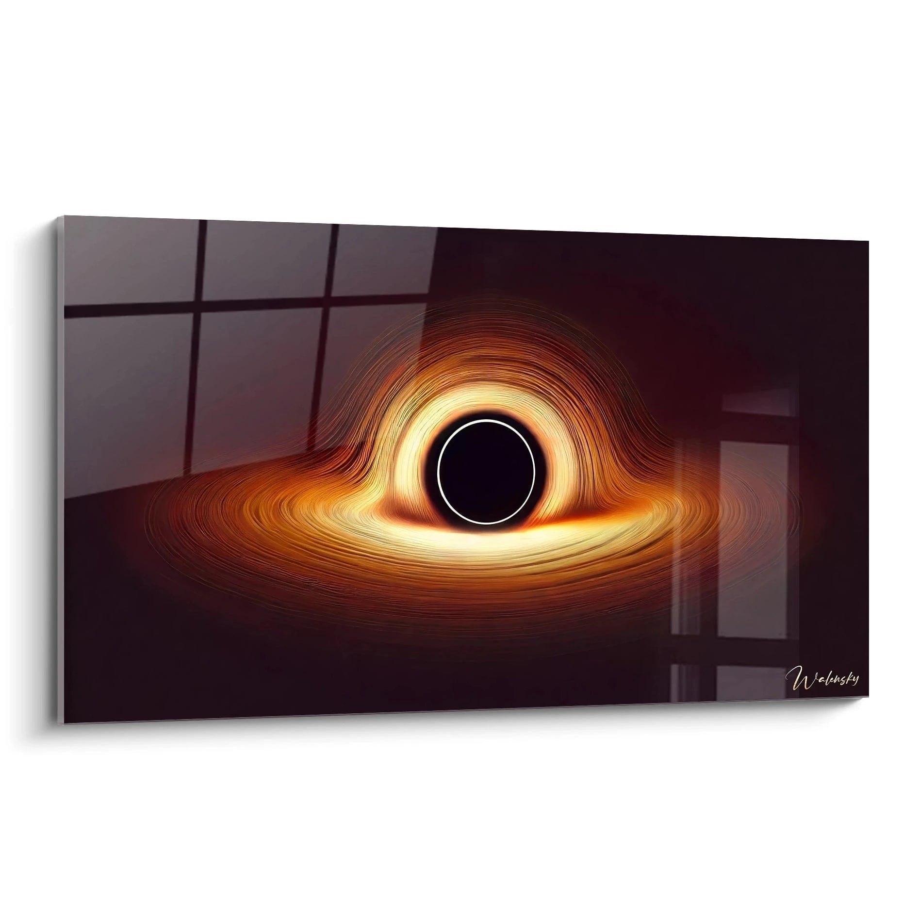 Wandbild schwarzes Loch mit leuchtender Akkretionsscheibe in warmen Goldtönen vor geometrischem Hintergrund