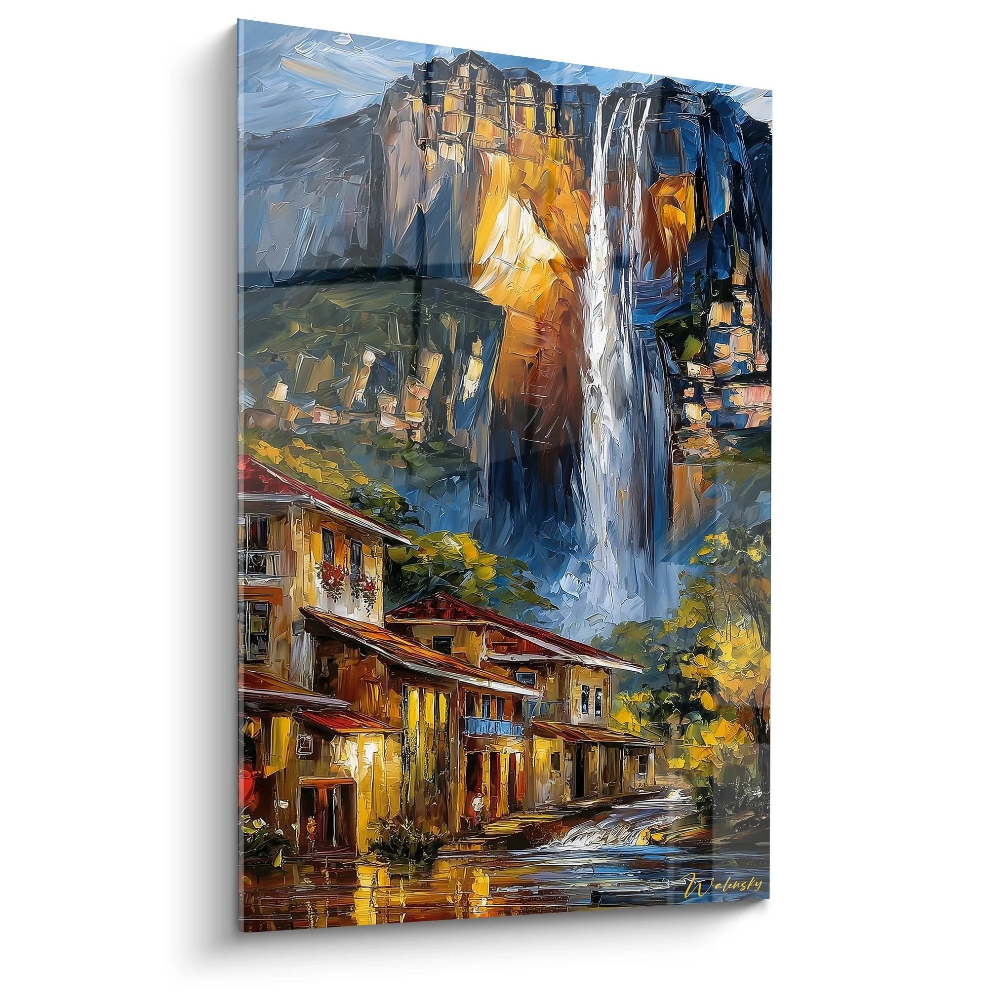 Wandbild Bergdorf mit Wasserfall - Alpenidylle mit traditionellen Häusern und majestätischem Wasserfall