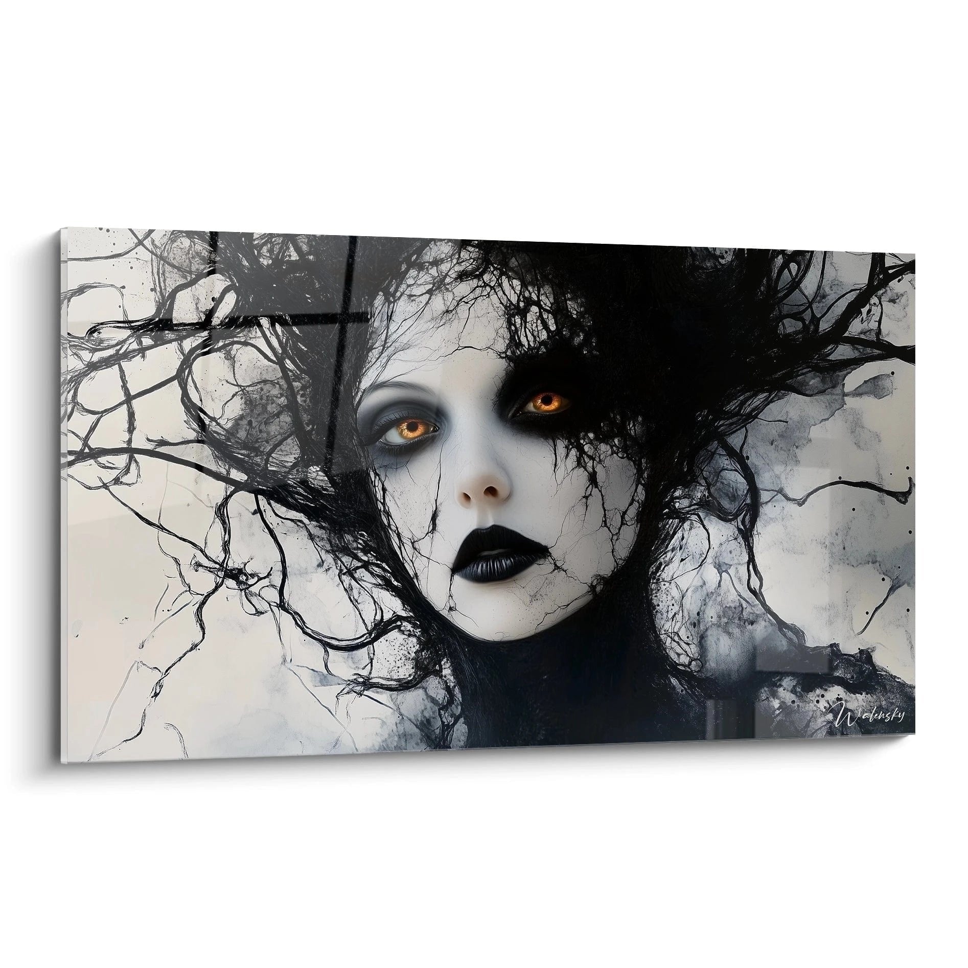 Mystisches Wandbild einer Frau mit Ästen im Haar und orange leuchtenden Augen in gothic Stil