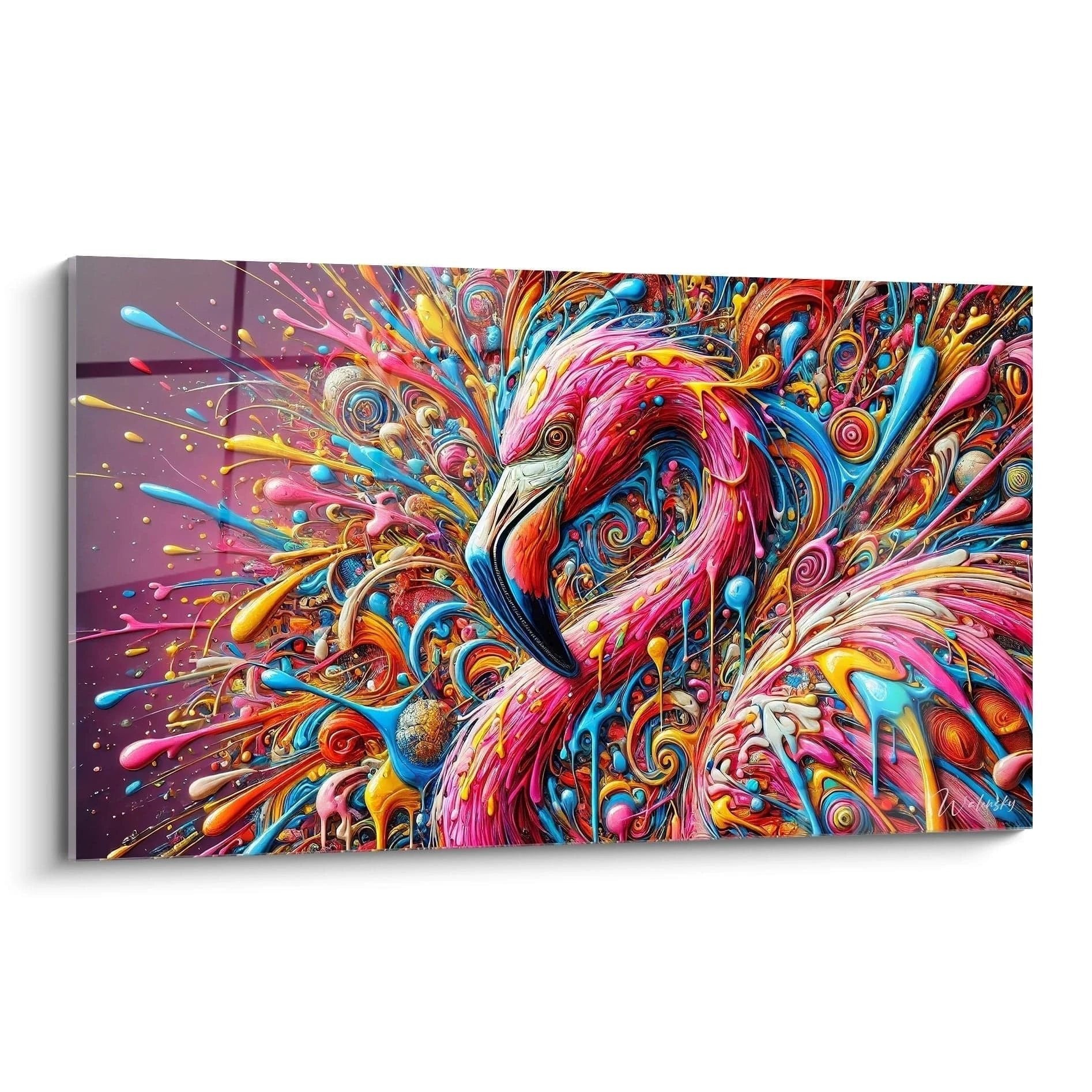 Abstraktes Flamingo Wandbild mit explosiven Farben und psychedelischen Wirbeln in Pop Art Stil