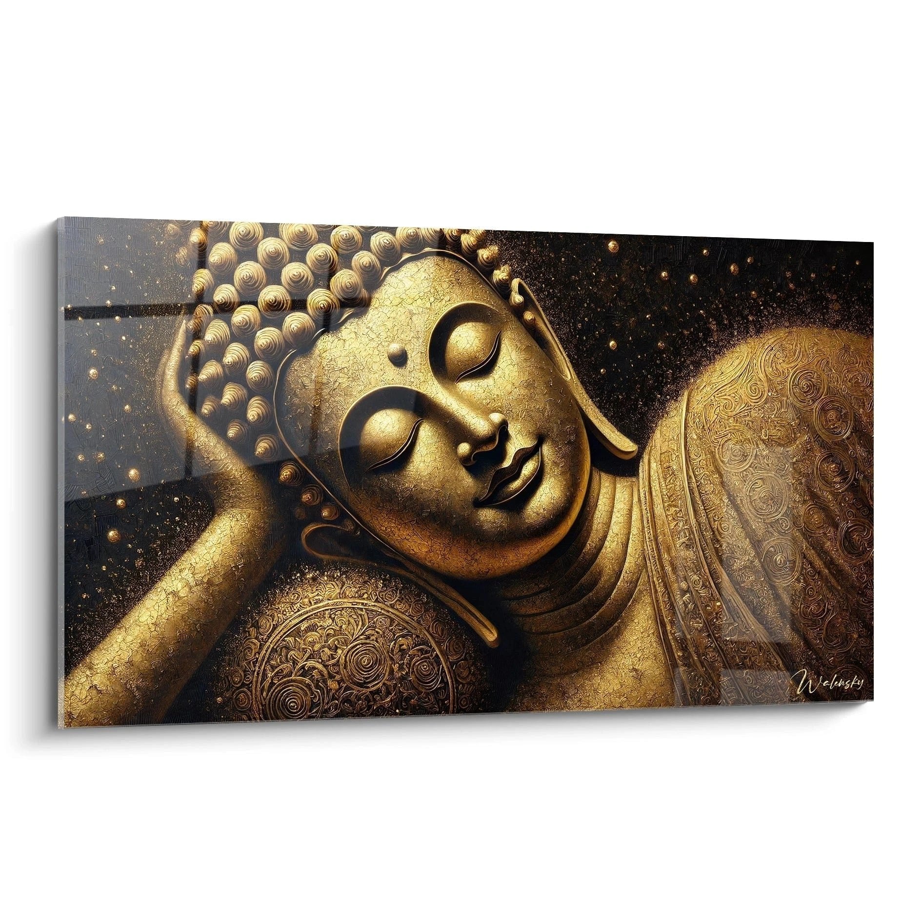 Goldenes Buddha Wandbild in meditativer Haltung mit erhobener Hand und kosmischem Hintergrund - Zen Kunst