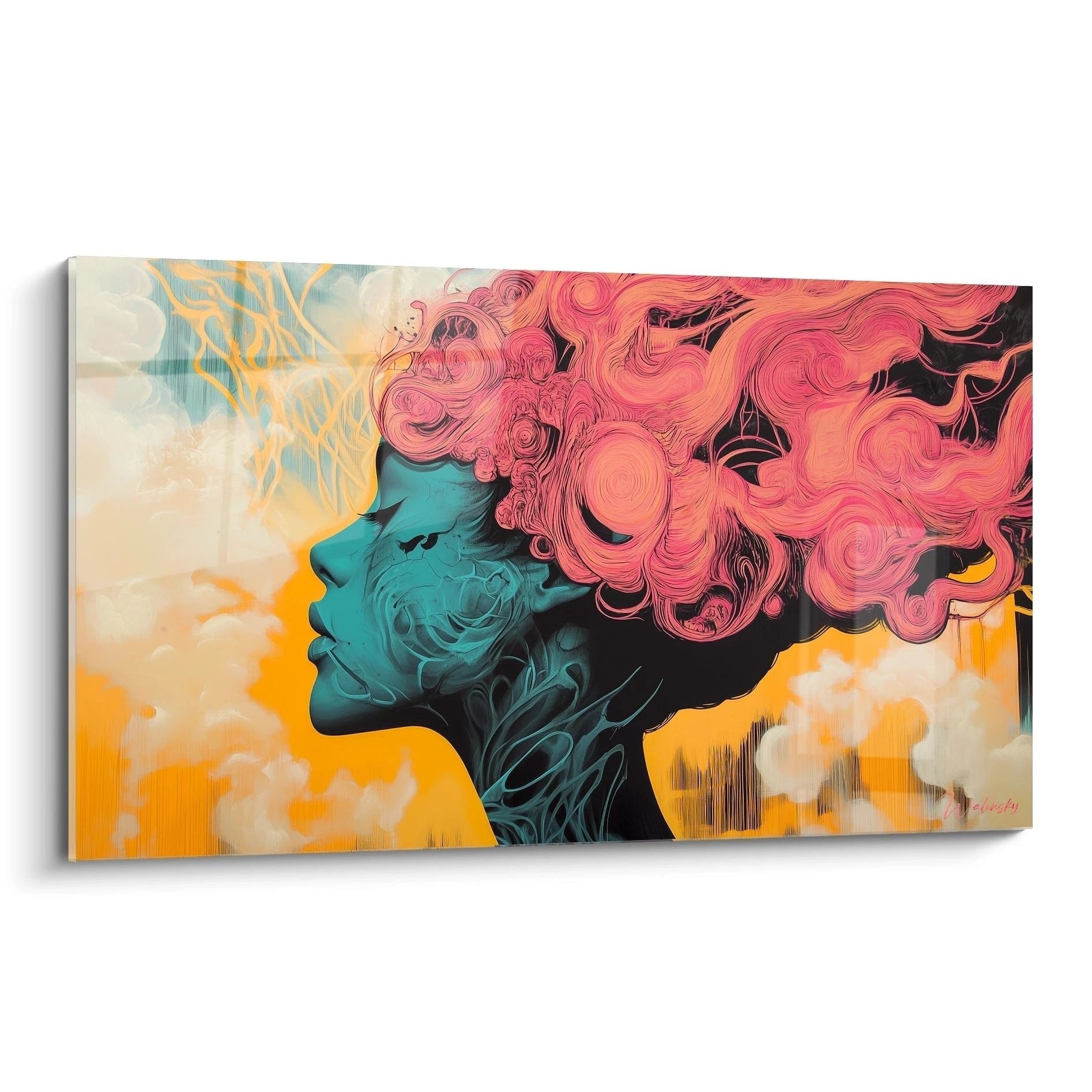 Street Art Wandbild Frau mit wirbelnden rosa Haaren in türkis-orange Farbpalette