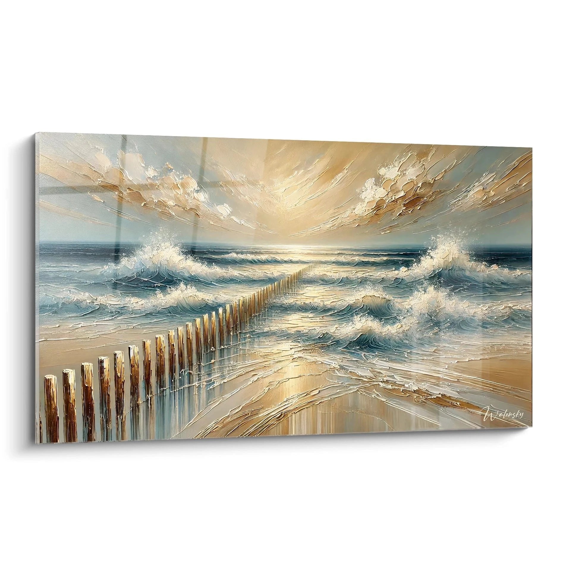 Wandbild mit goldenem Sonnenuntergang am Meer, Holzzaun und dramatischen Wellen in expressiver Maltechnik