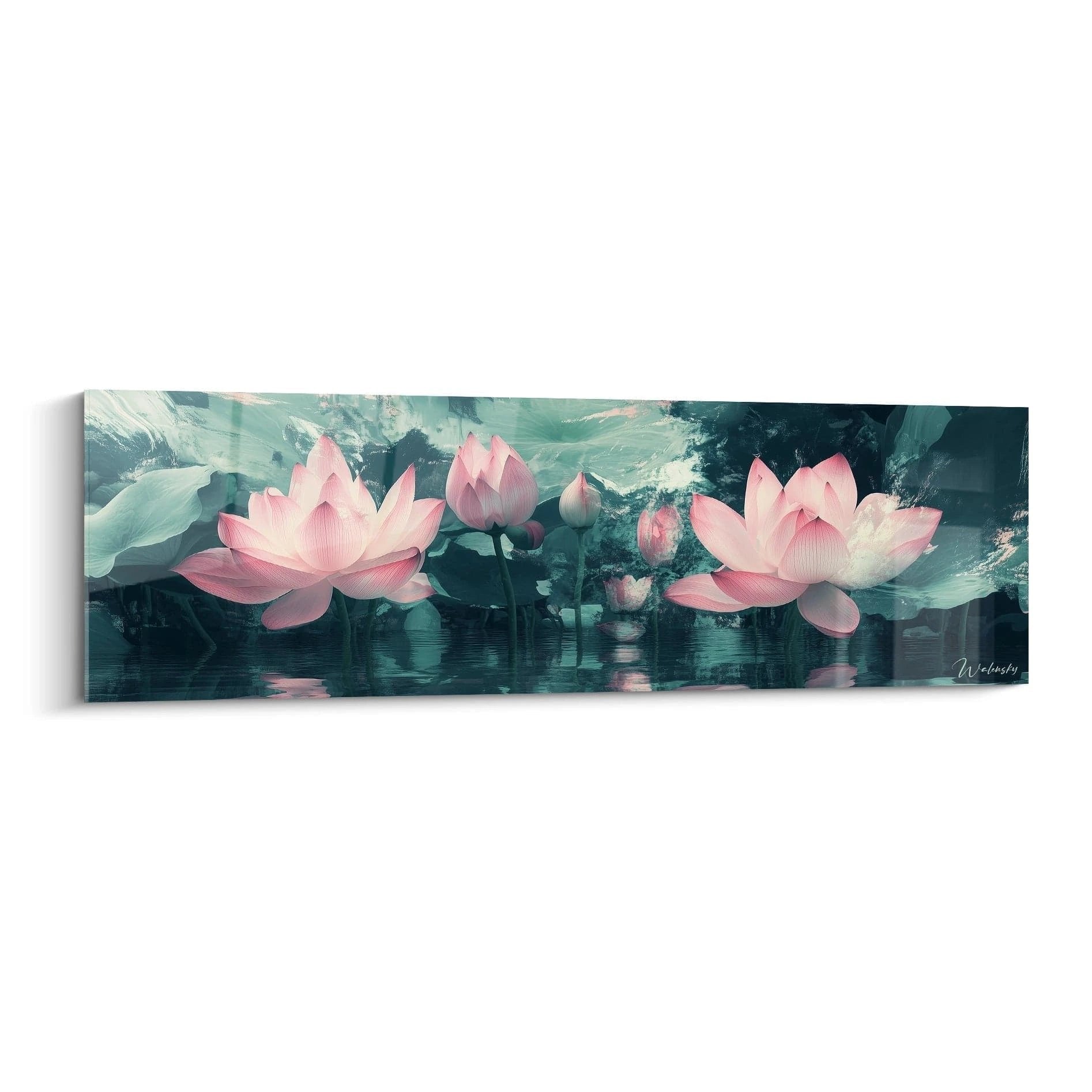 Wandbild mit rosa Lotusblüten auf türkisem Wasser in meditativer Zen-Atmosphäre für Wohnraumdekoration