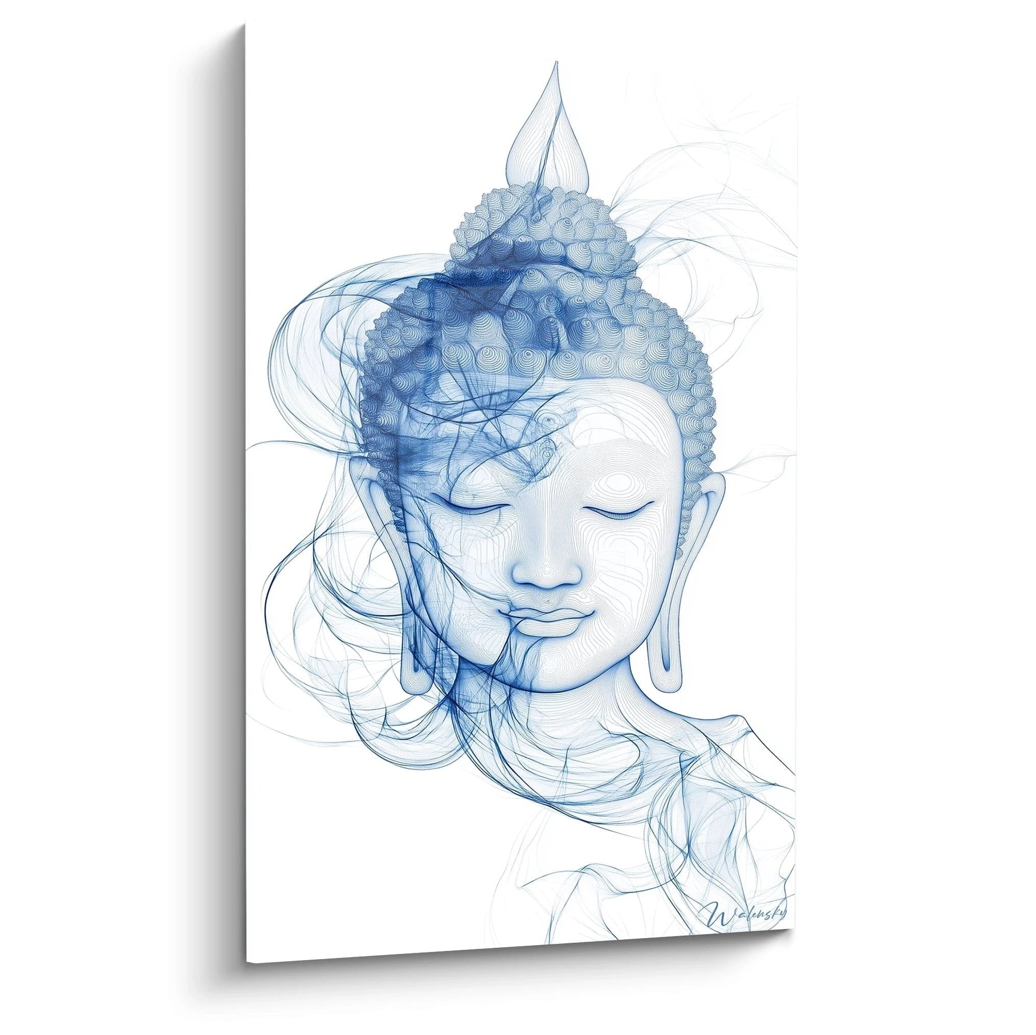 Wandbild Buddha Meditation in fließenden blauen Linien, spirituelle Kunst für Wohnräume