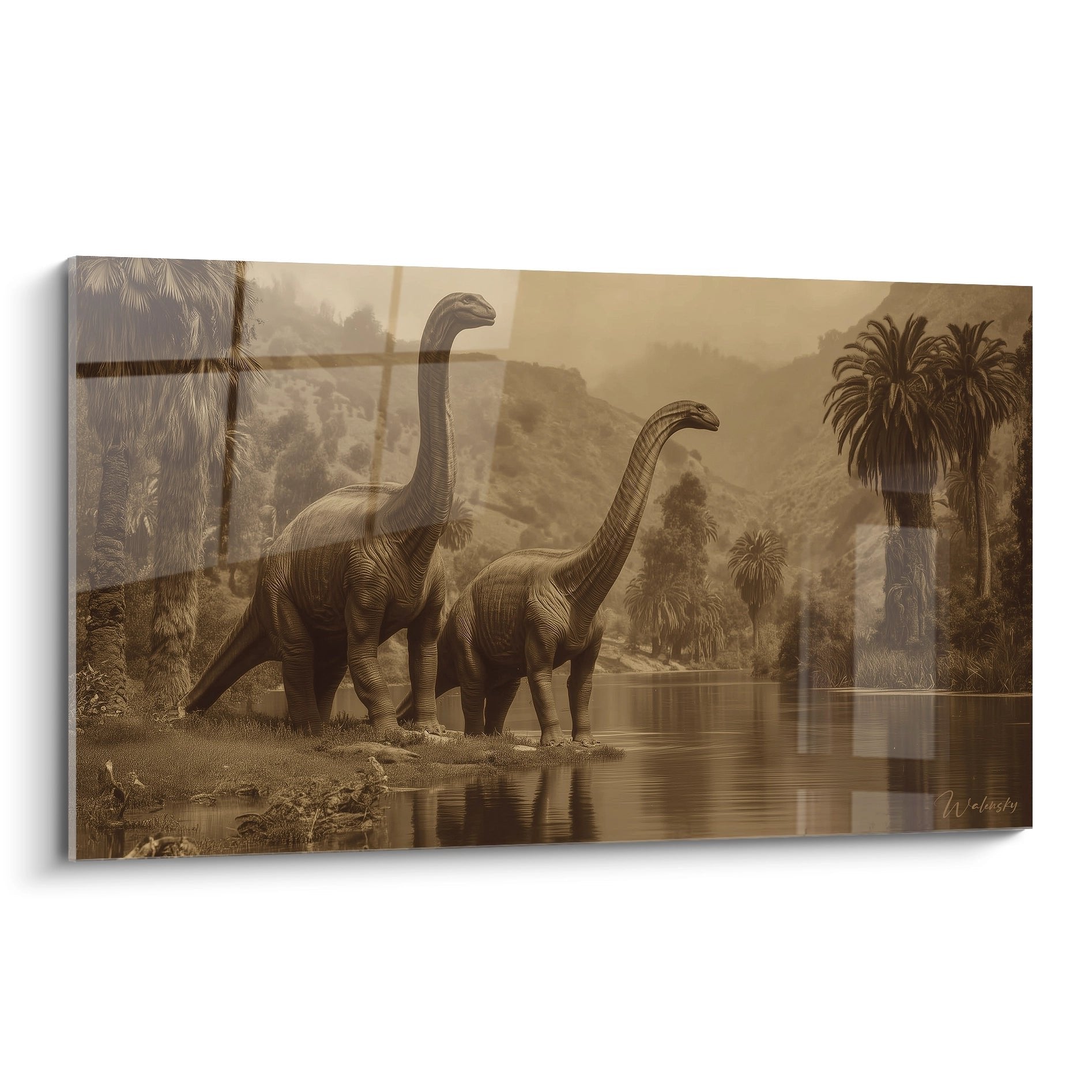 Wandbild mit zwei Brontosaurus Dinosauriern am Seeufer in warmen Sepia-Tönen mit prähistorischer Landschaft