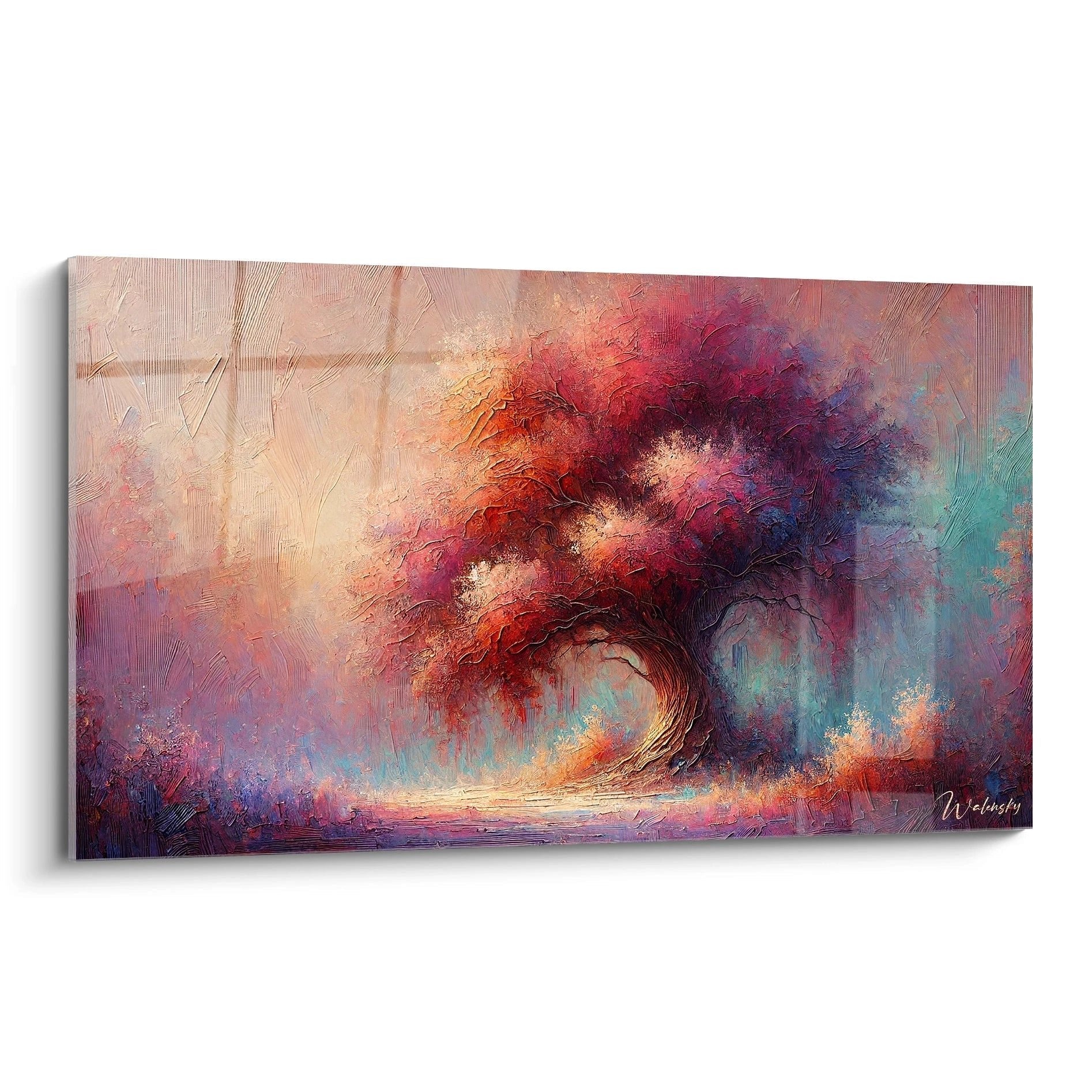 Abstraktes Wandbild einer dynamischen Baumkrone in warmen Rot- und kühlen Blautönen - Edition Lebensbaum