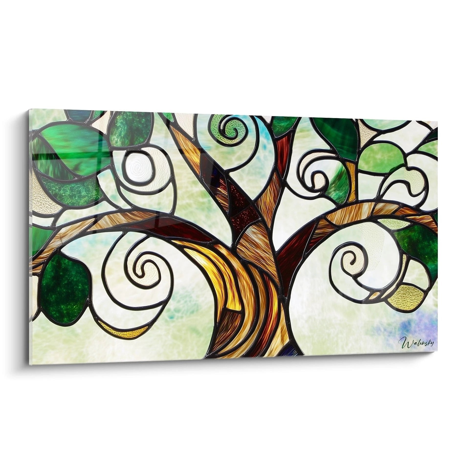 Wandbild Lebensbaum in Glasmalerei-Optik mit grünen Blättern und Spiralornamente auf hellem Hintergrund
