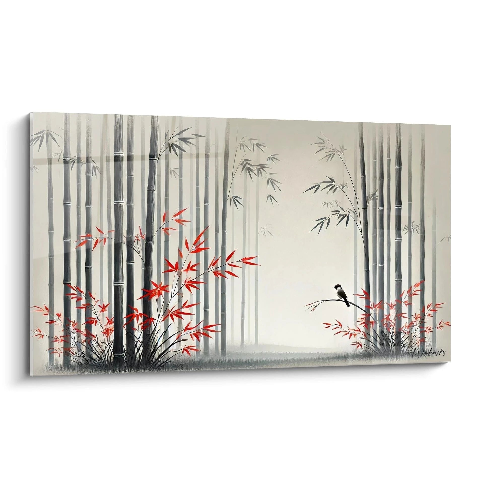 Wandbild mystischer Bambuswald mit roten Herbstblaettern und schwarzem Vogel im Zen-Stil