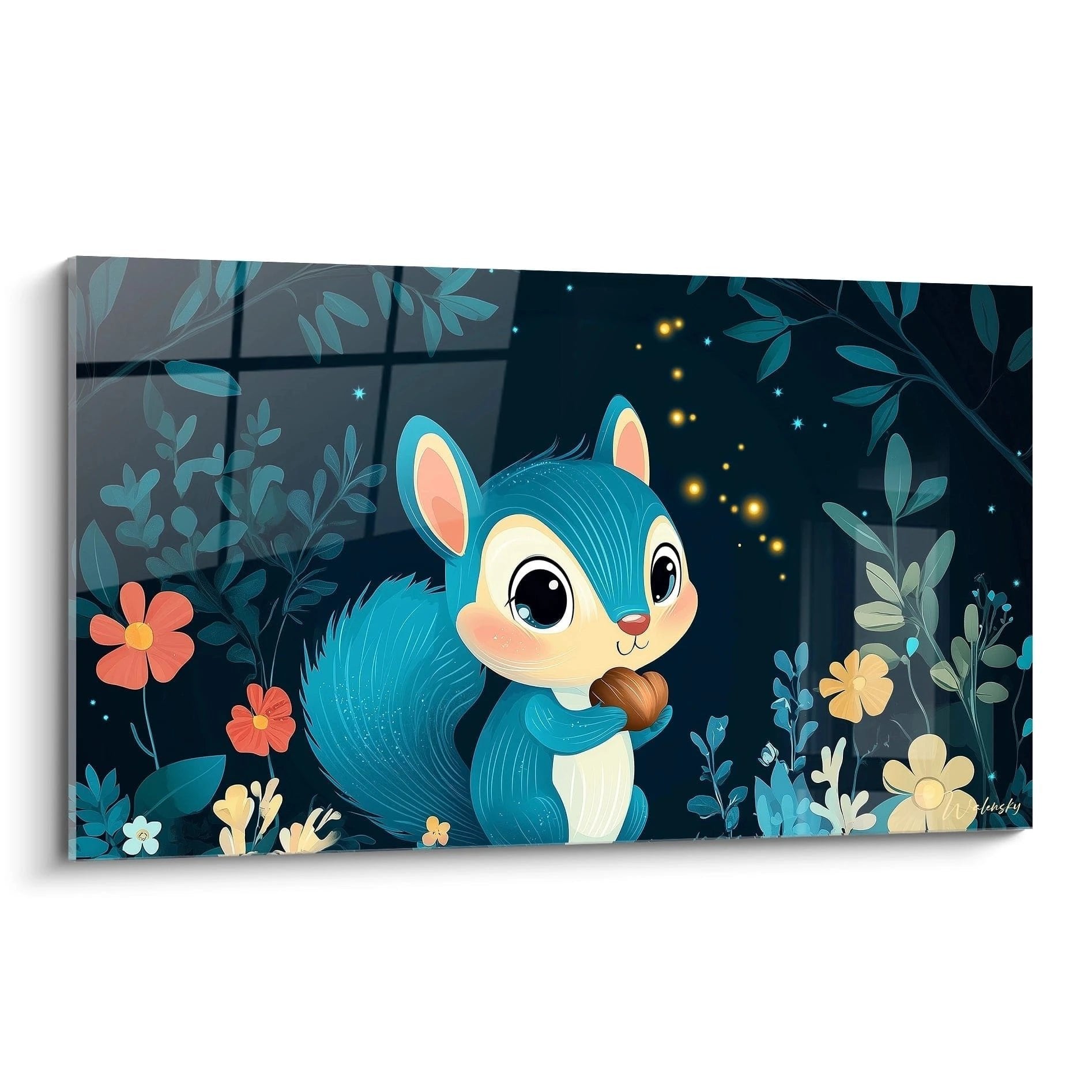 Wandbild blaues Eichhörnchen mit Nuss im nächtlichen Zauberwald mit Sternen und bunten Blumen für Kinderzimmer