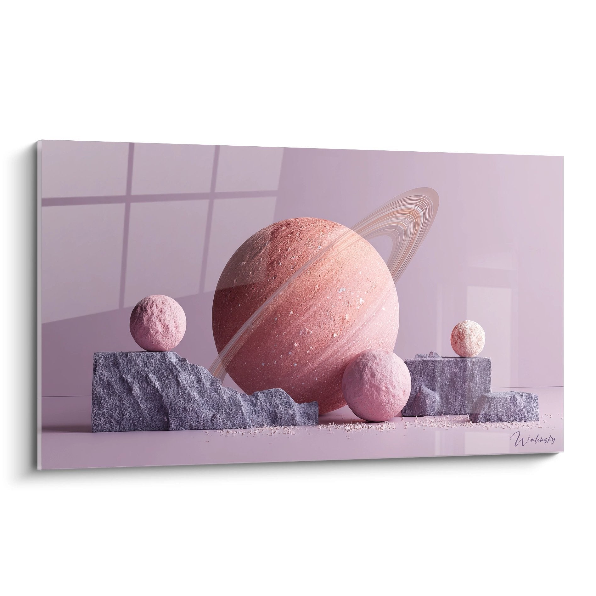 Wandbild Saturn in Rosa mit Ringen und Monden auf geometrischen Steinblöcken in violetter Atmosphäre