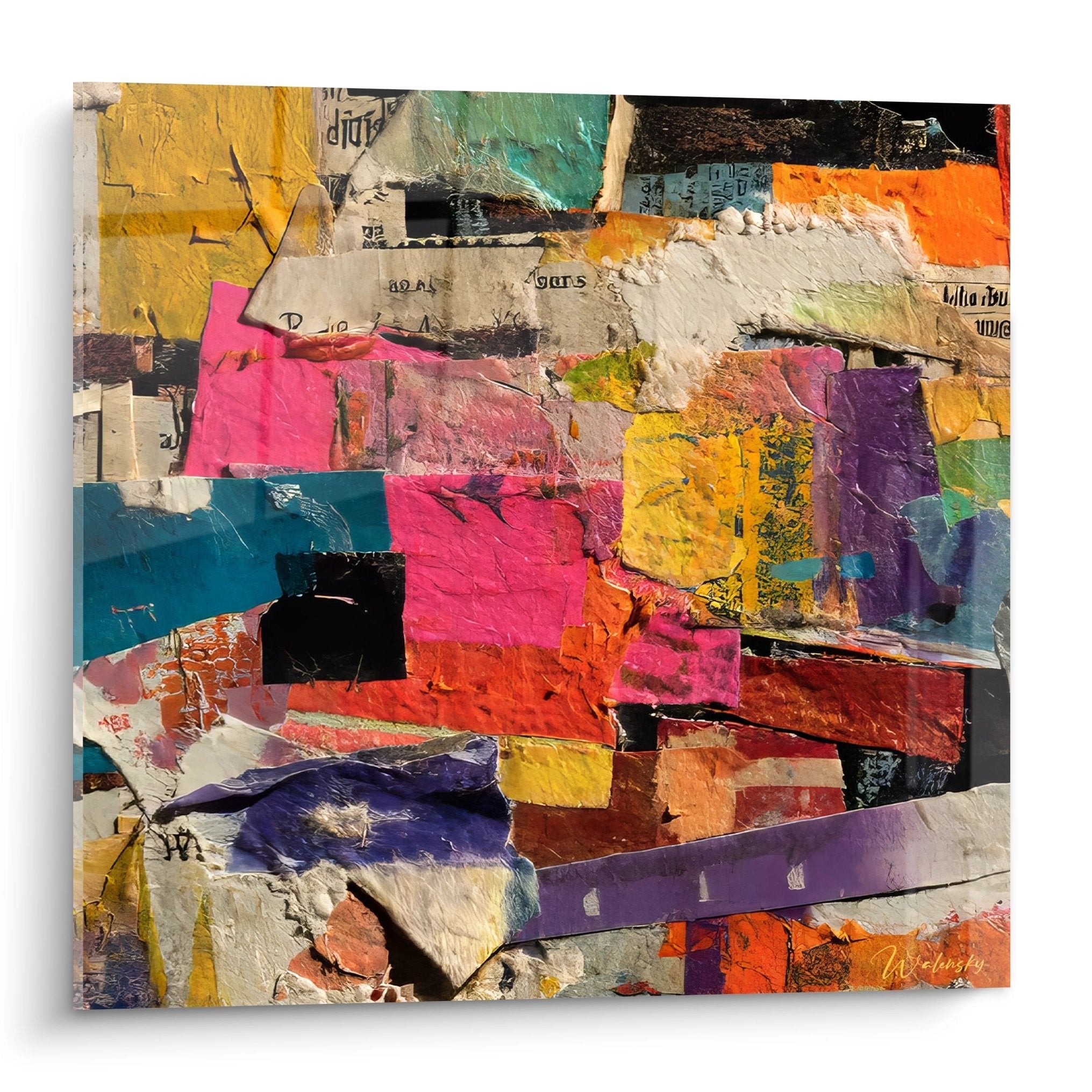 Wandbild abstrakte Farbcollage mit bunten Fragmenten und urbanen Elementen für moderne Inneneinrichtung