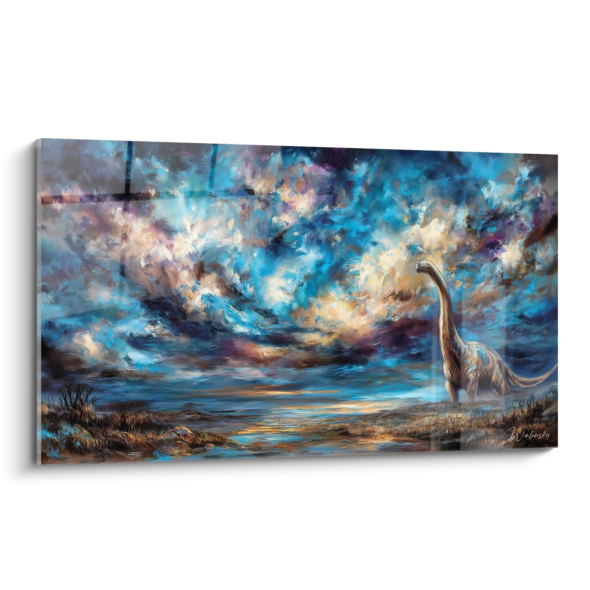 Wandbild zeigt majestätischen Brontosaurus unter dramatischem blau-goldenem Himmel in urzeitlicher Landschaft