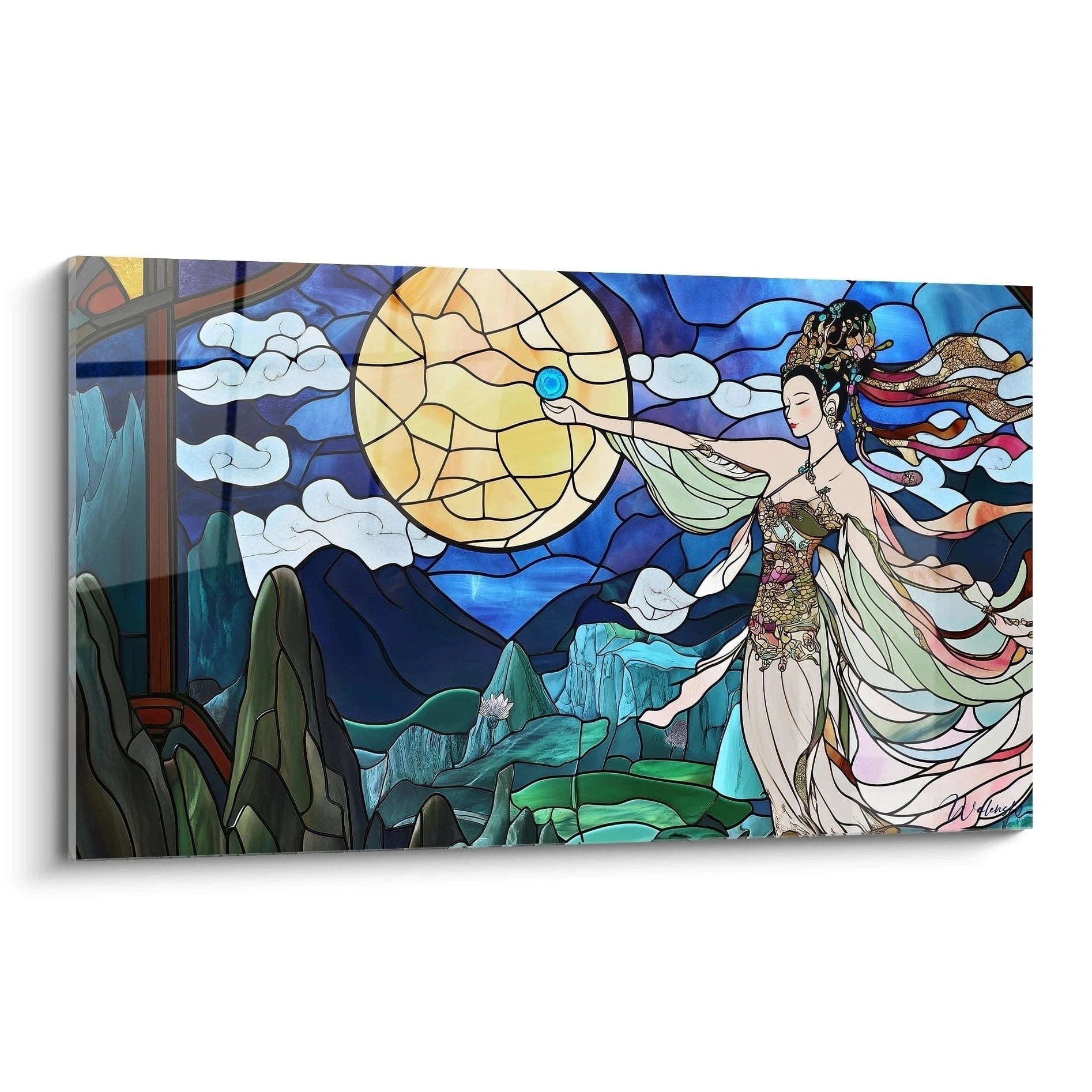 Wandbild asiatische Göttin in Glasmalerei-Optik mit Vollmond und fließenden Gewändern vor nächtlicher Berglandschaft