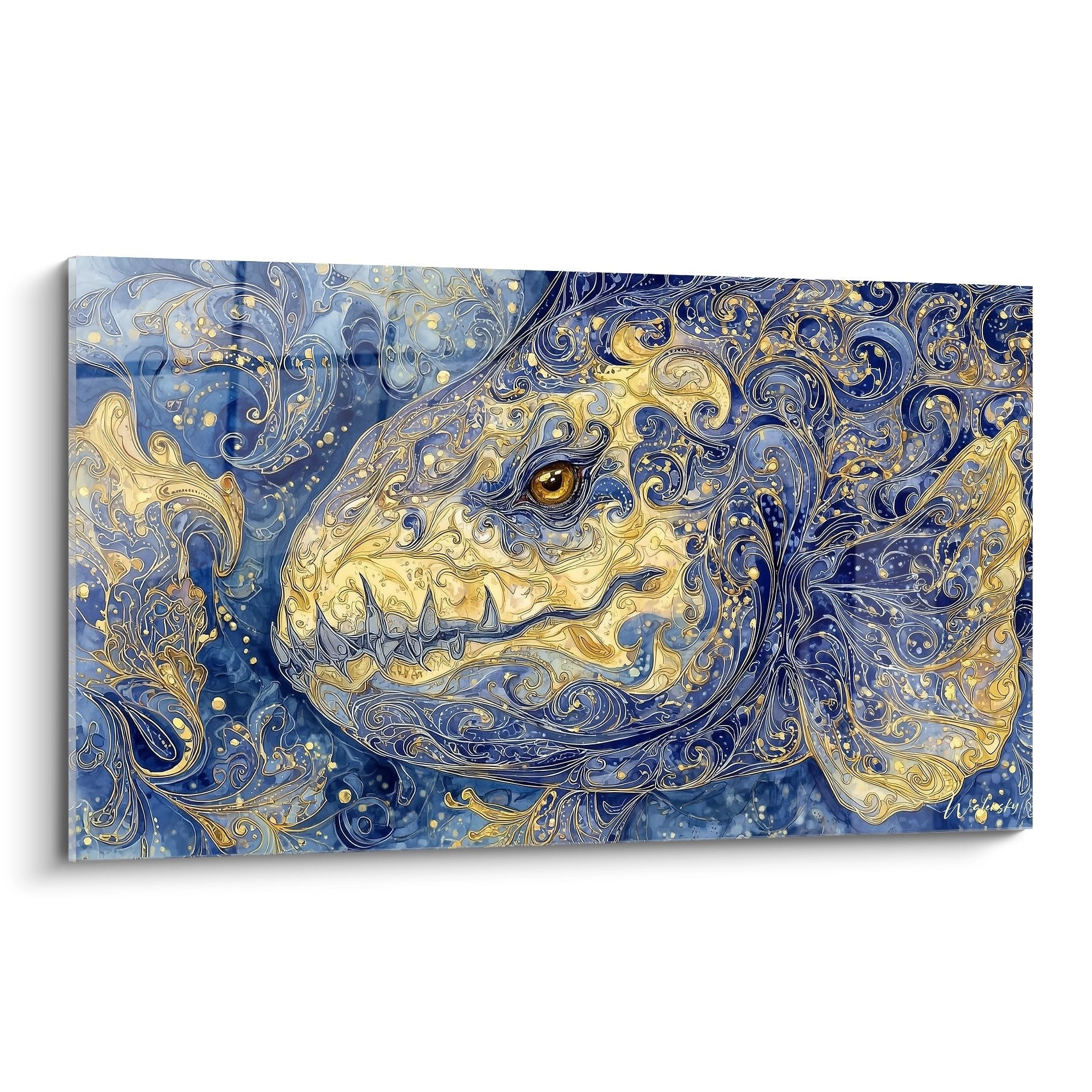 Kunstvolles Wandbild des Dunkleosteus in ornamentalen blauen und goldenen Wirbeln auf Leinwand