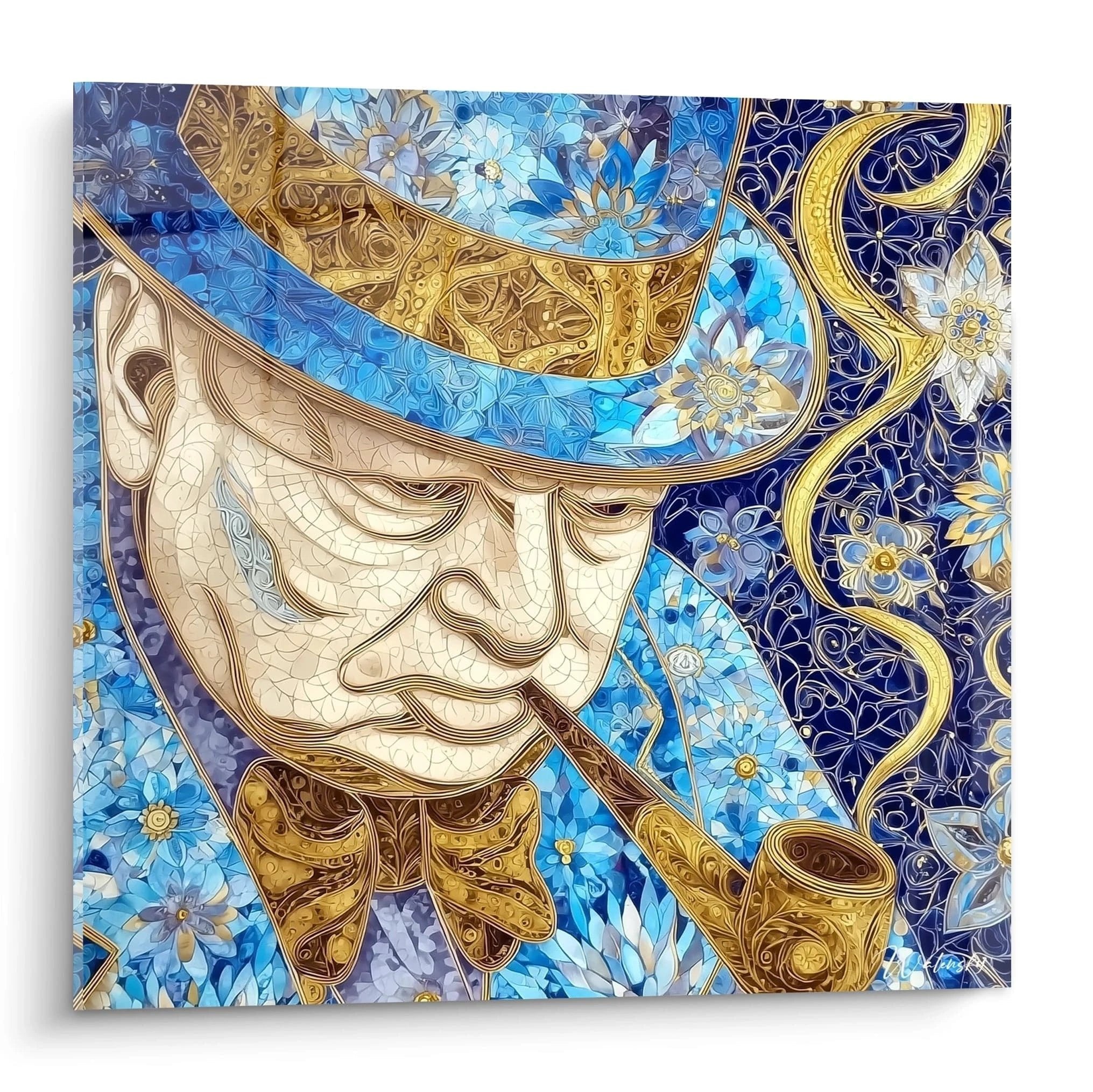 Winston Churchill Portrait Wandbild mit ornamentalen goldenen und blauen Verzierungen, Zigarre rauchend