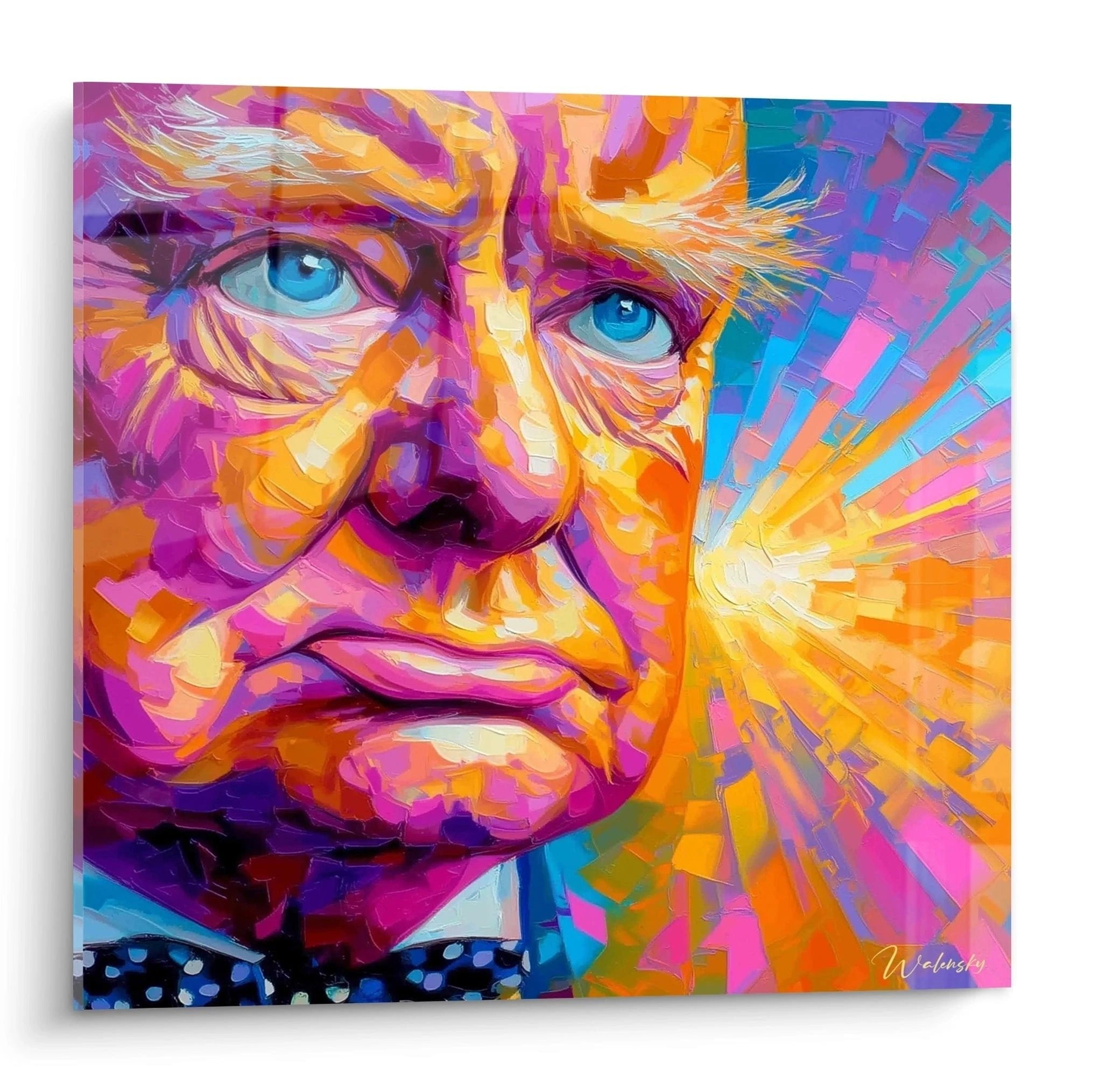 Expressionistisches Einstein-Porträt in leuchtenden Farben mit blauen Augen und dynamischen Pinselstrichen