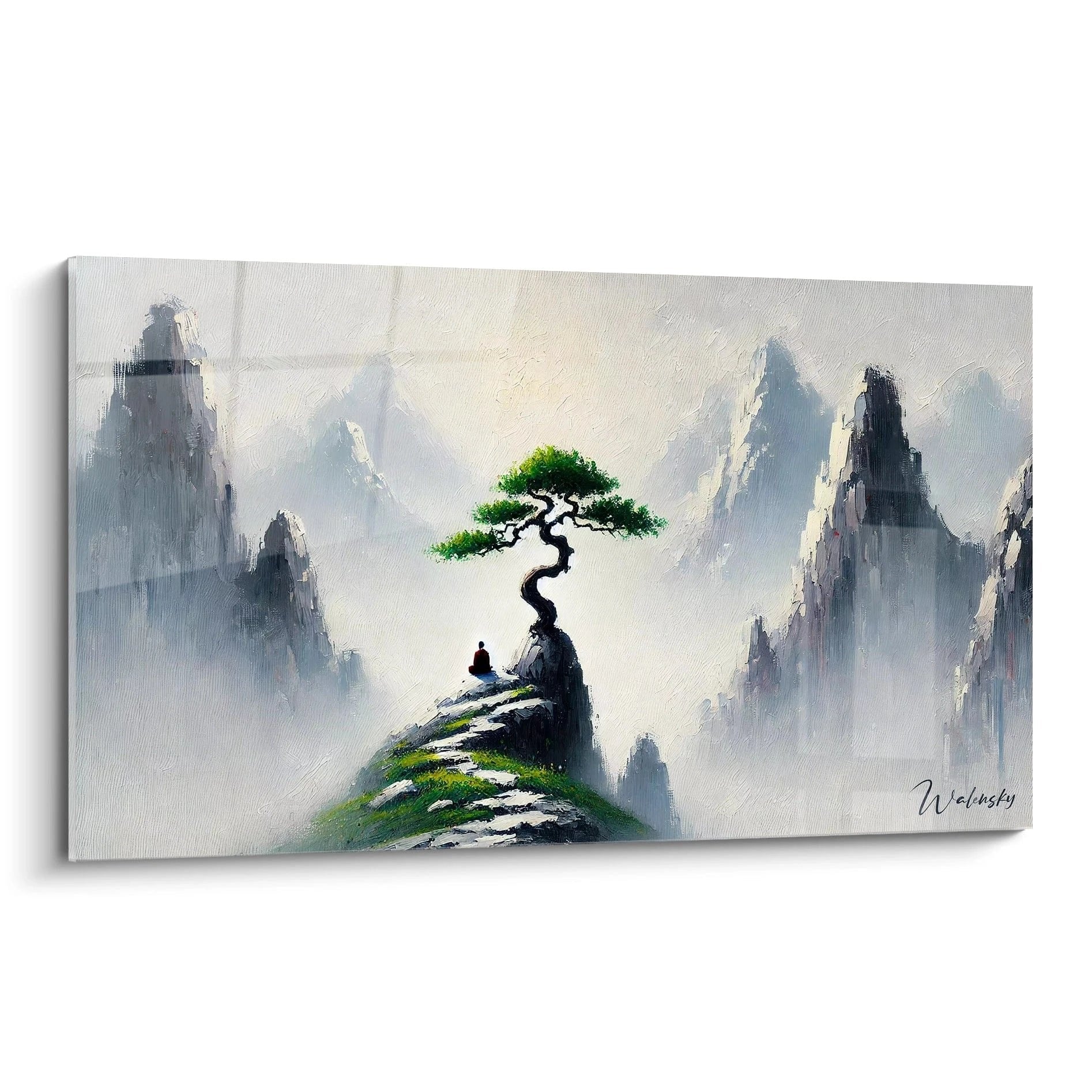 Wandbild mit Bonsai-Baum auf Berggipfel in nebligen Bergen, meditative Person, Zen-Kunst für Entspannung