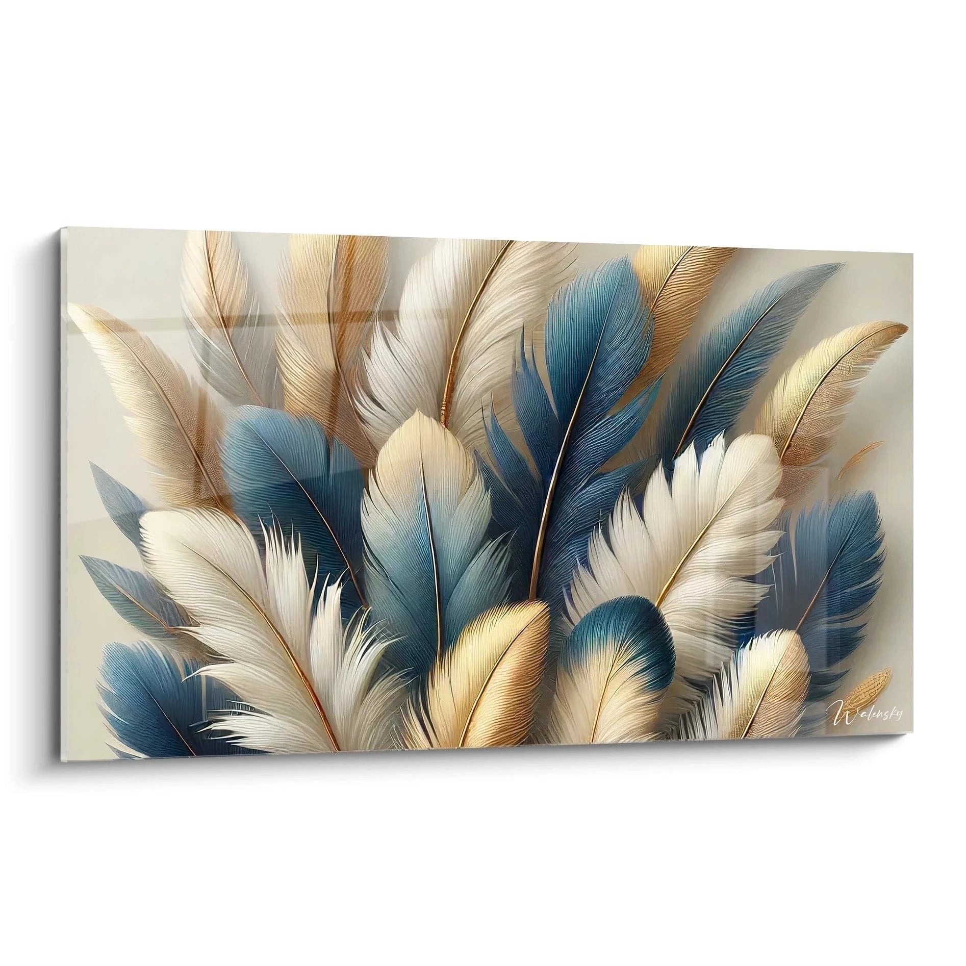Kunstvolles Wandbild mit eleganten Federn in Blau-, Gold- und Cremtönen auf Leinwand - Edition Feder