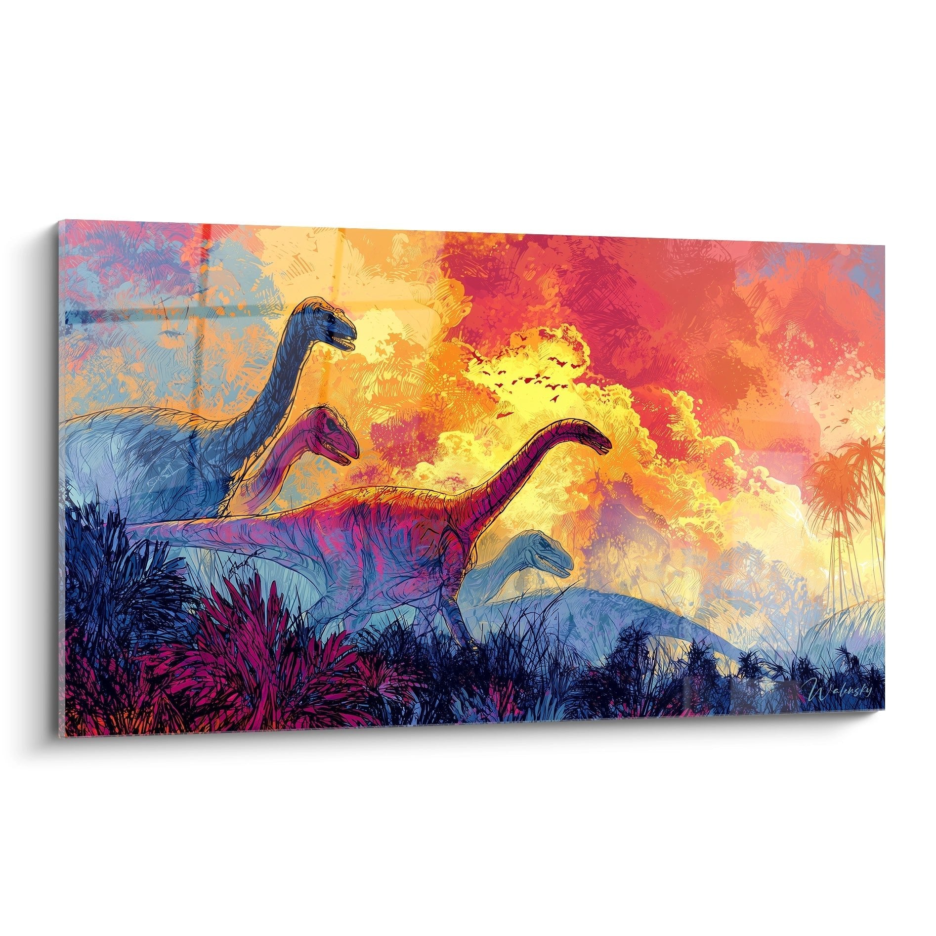 Buntes Dinosaurier Wandbild mit Sauropoden in prähistorischer Landschaft bei dramatischem Sonnenuntergang
