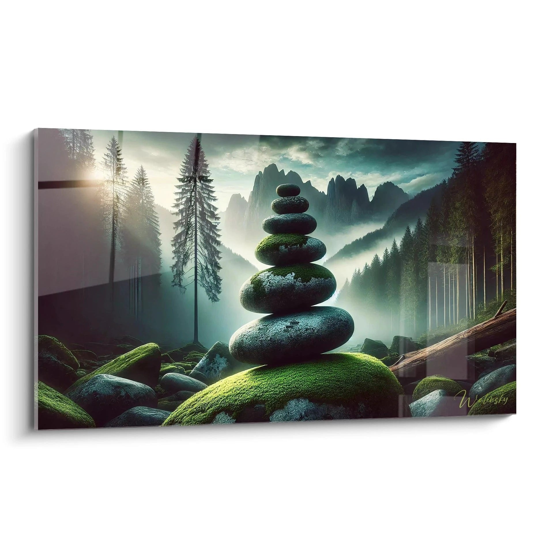 Zen-Steinturm mit Moos im Bergwald bei Sonnenaufgang - Wandbild für Meditation und innere Ruhe