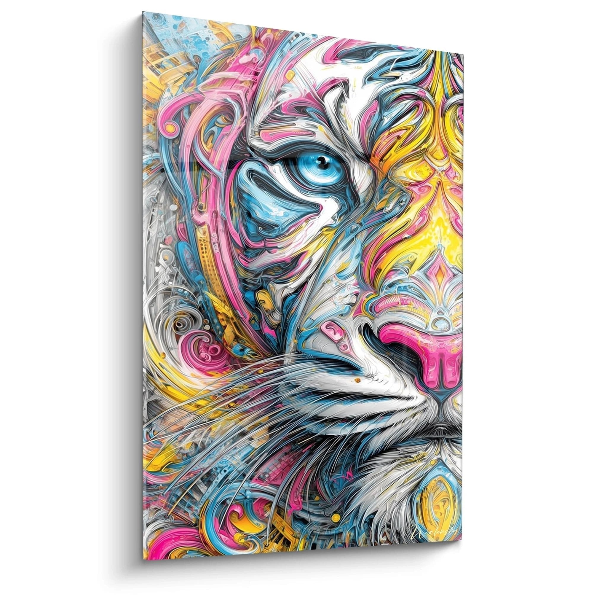 Wandbild abstrakte Katze mit blauen Augen in wirbelnden Rosa-, Gelb- und Türkistönen, moderne Farbexplosion-Kunst