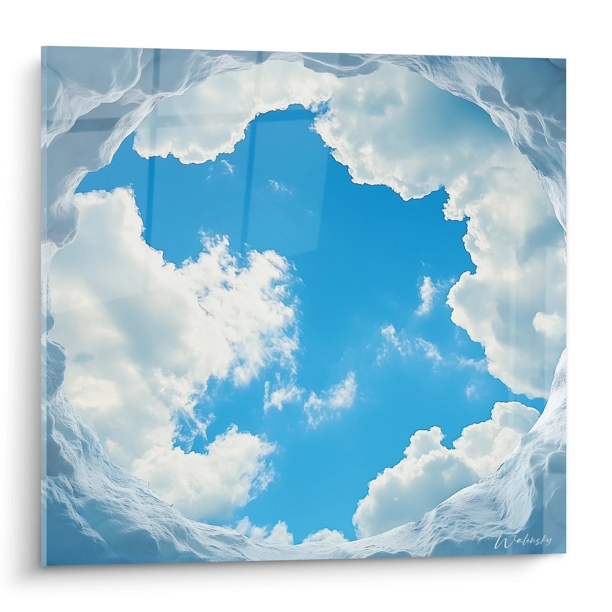 Wandbild Augentäuschung zeigt Blick durch Eishöhle auf blauen Himmel mit weißen Wolken, optische Illusion