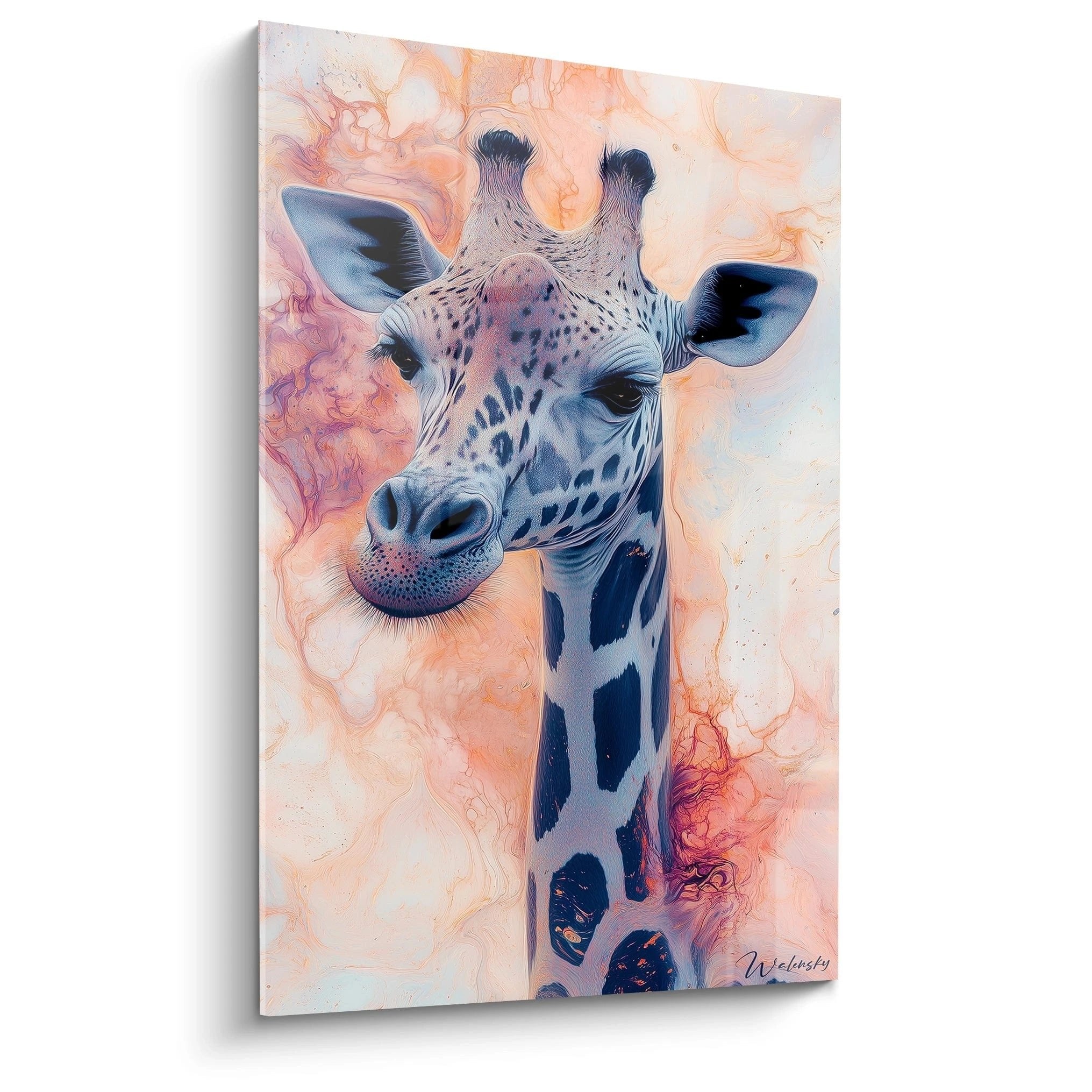 Wandbild Giraffe in Fluid Art Technik mit Pastelltönen und fließenden organischen Formen im Hintergrund