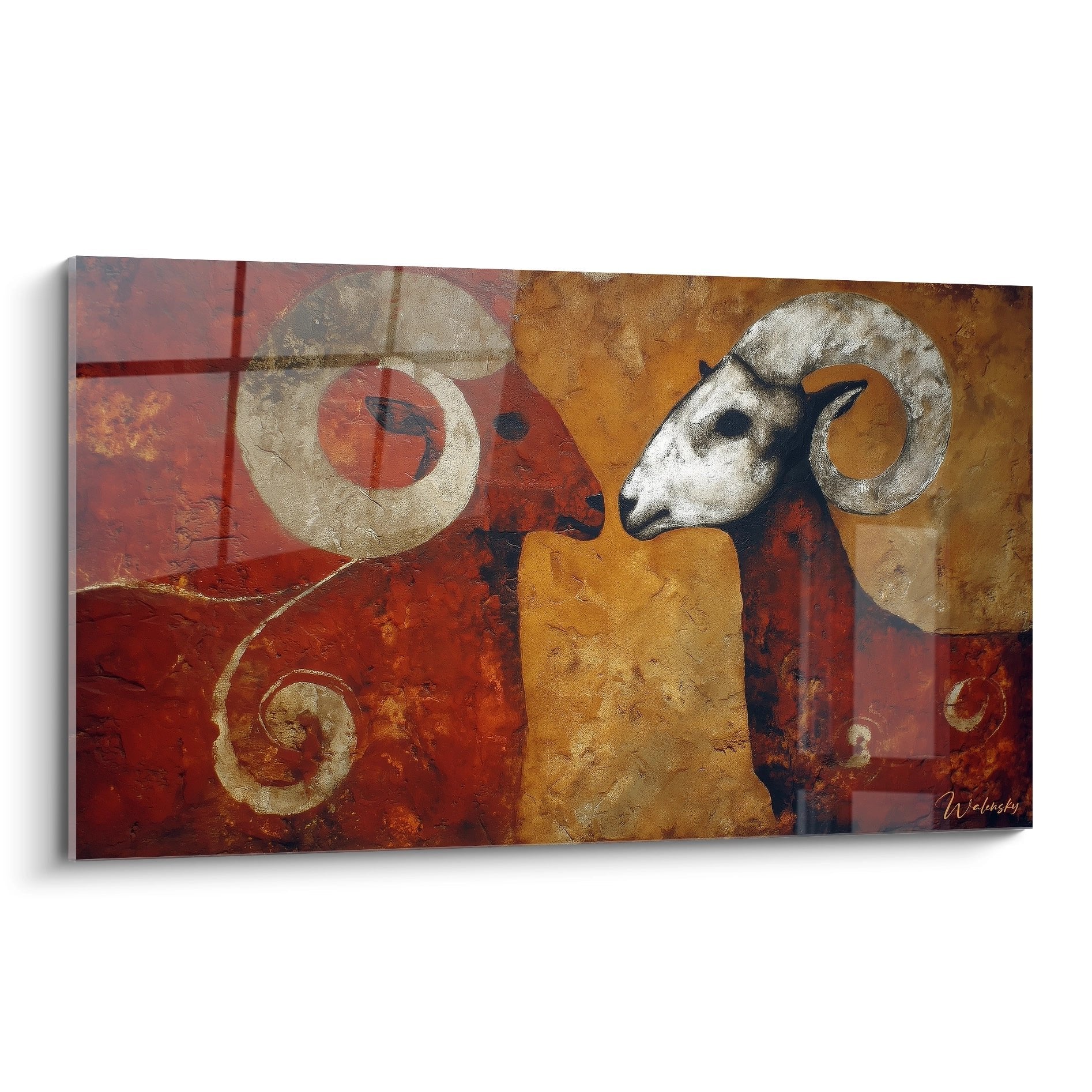 Wandbild mit prähistorischem Widder und urzeitlichen Symbolen in erdigen Farbtönen