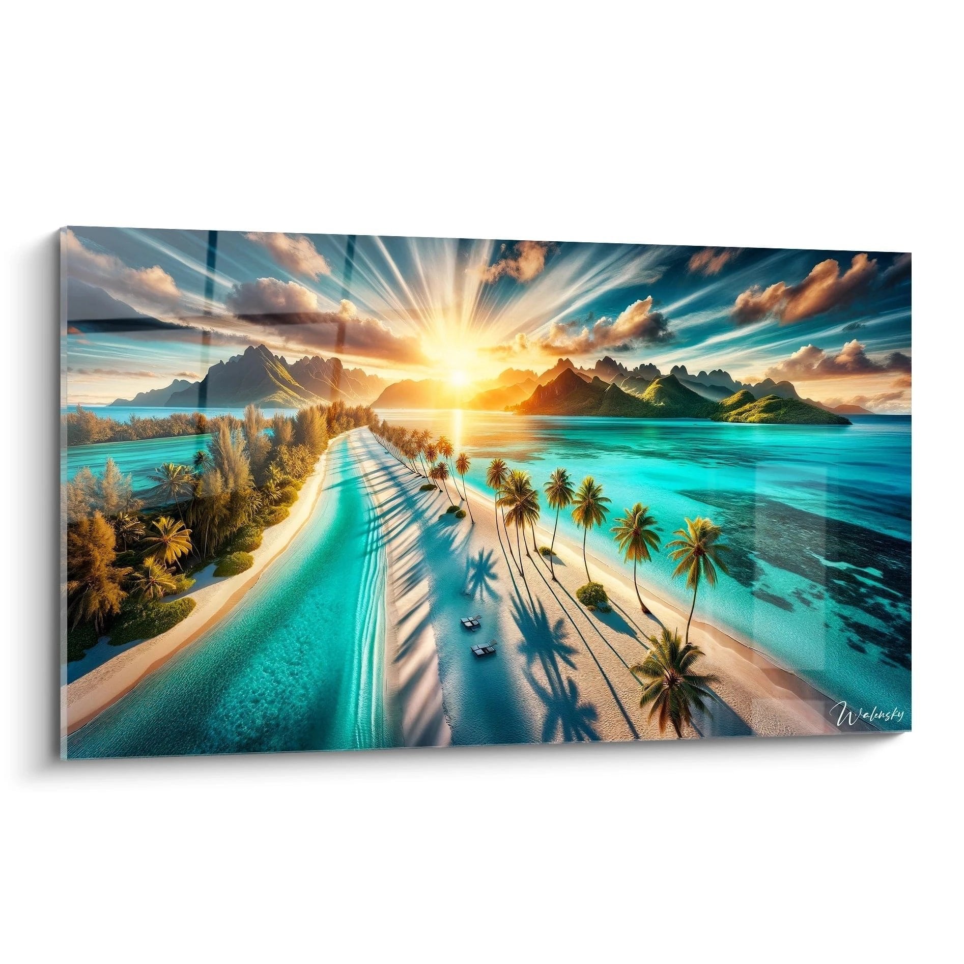 Wandbild tropisches Paradies mit goldenem Sonnenaufgang über türkisblauem Meer und Palmen am weißen Sandstrand