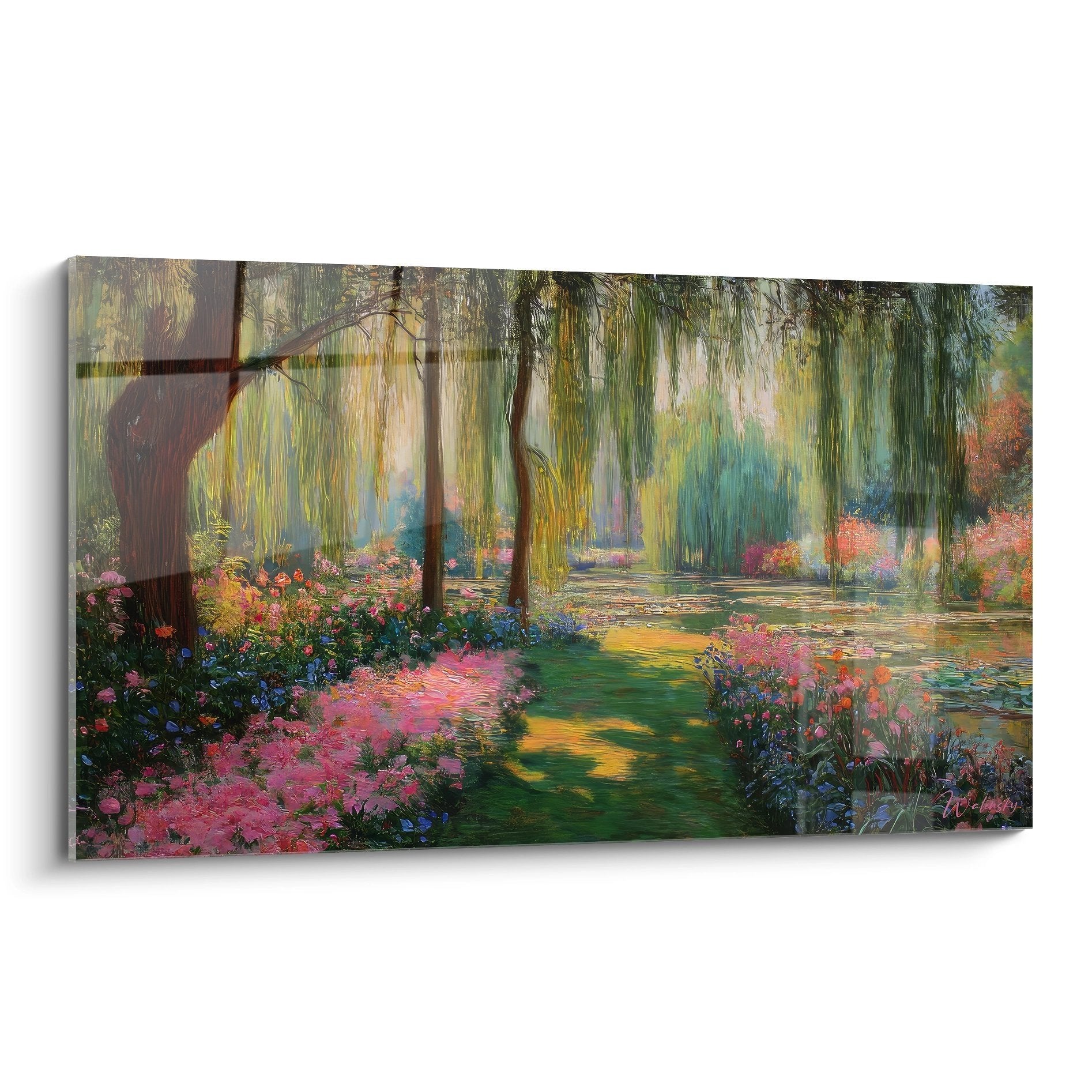 Impressionistisches Wandbild mit Trauerweide über Teich und buntem Blumengarten in warmen Farbtönen