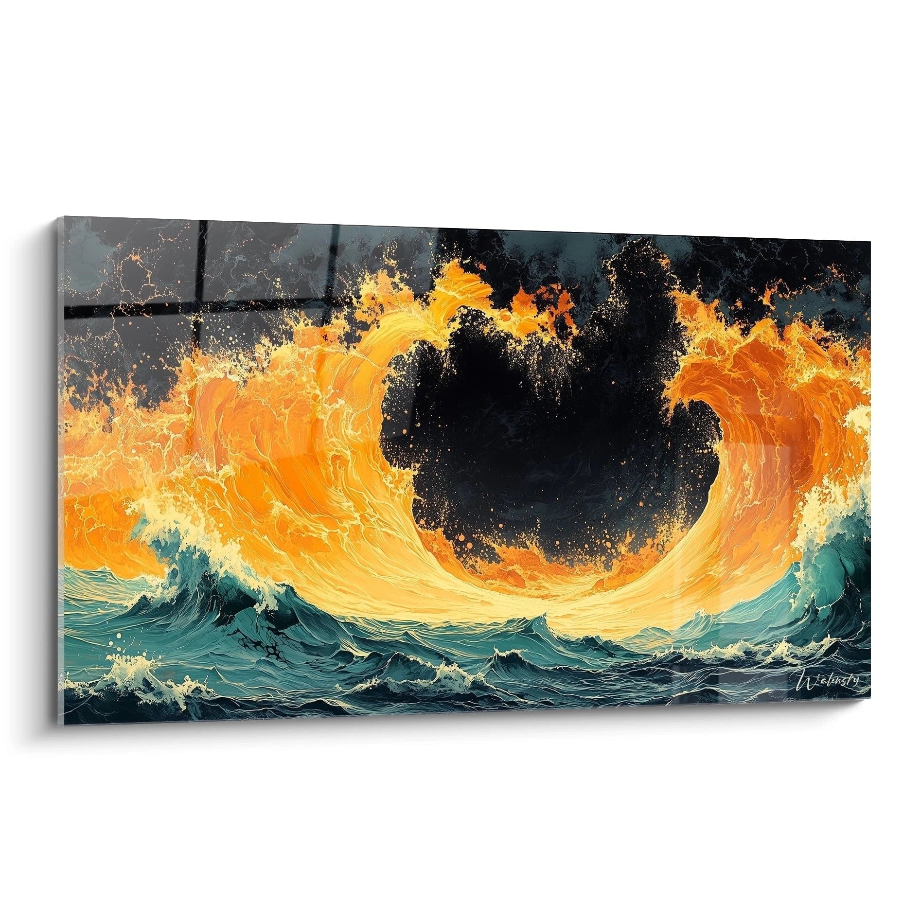 Wandbild feurige Meereswelle mit schwarzem Kern in Orange und Türkis maritime Wandkunst