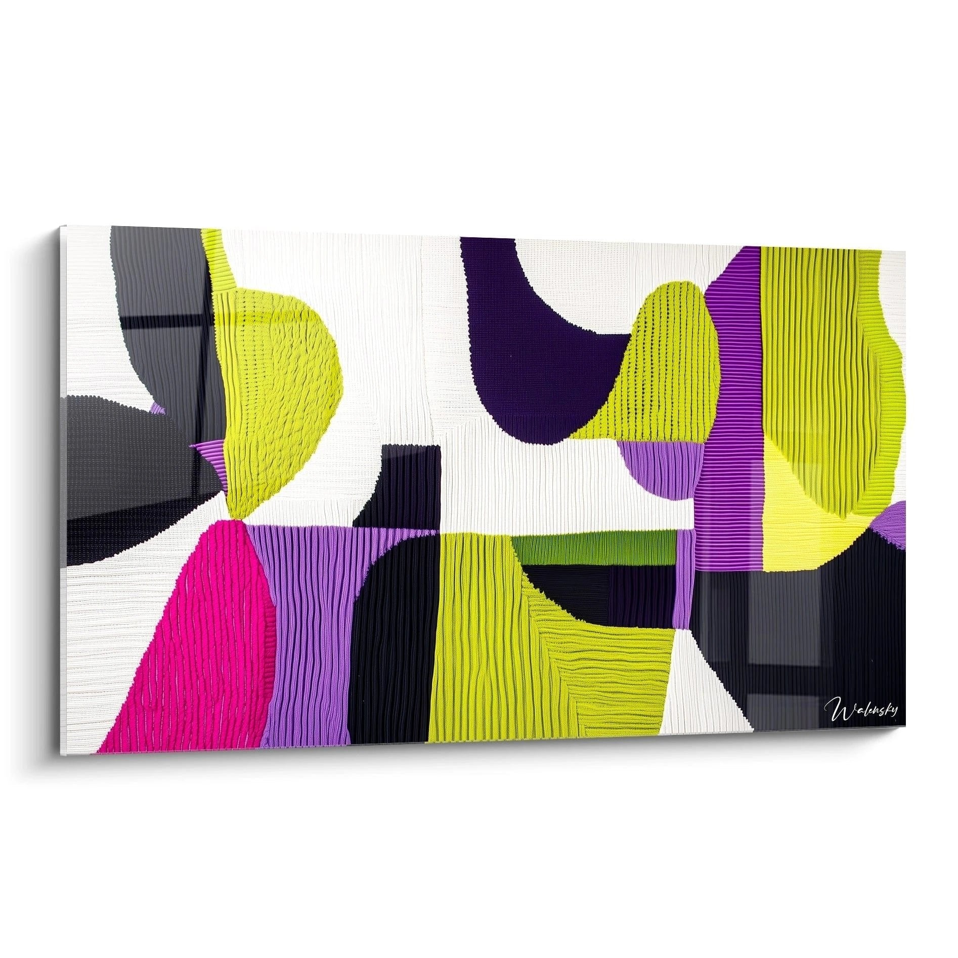 Abstraktes Wandbild mit geometrischen Formen in Häkeloptik, leuchtende Farben in Gelb, Pink, Lila und Navy