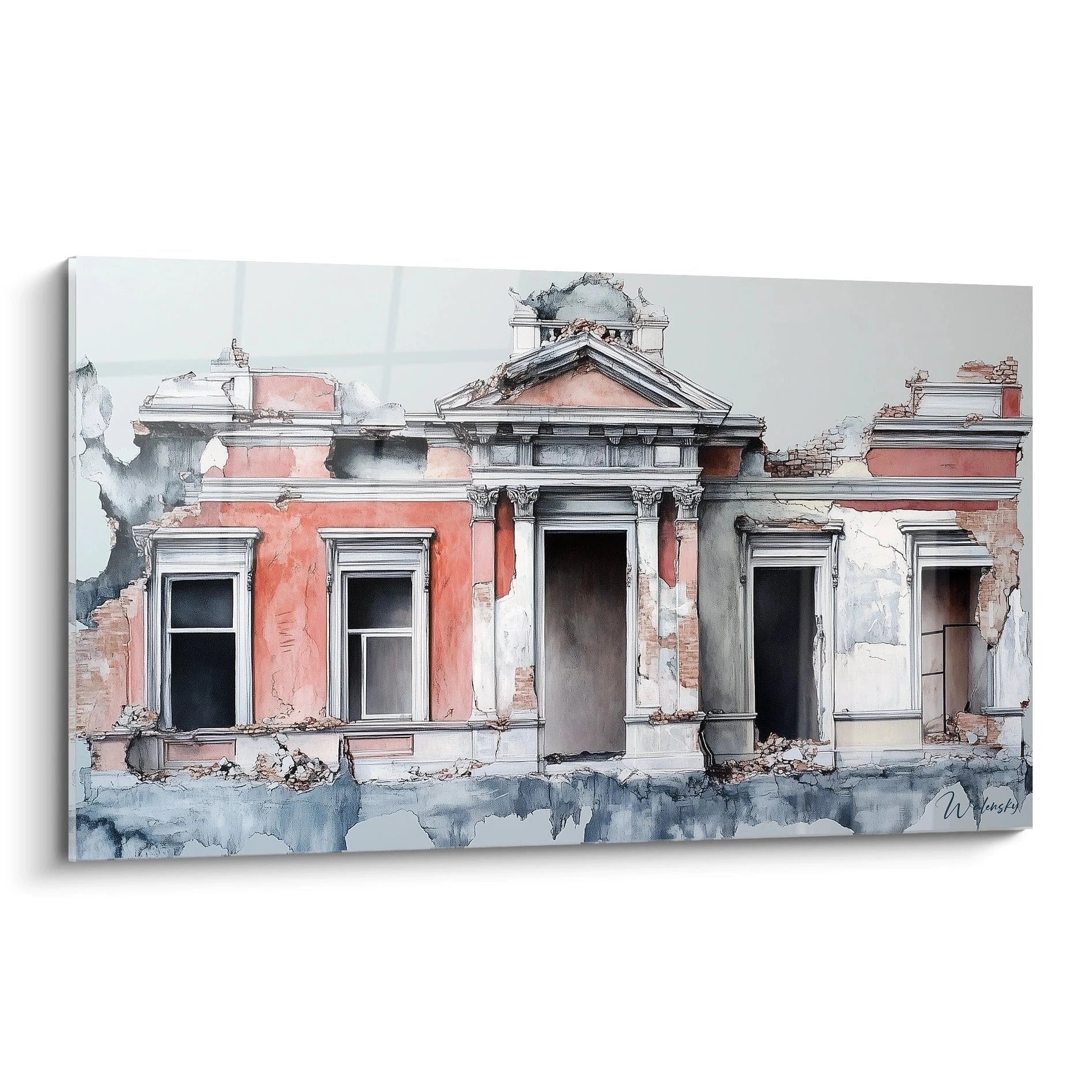 Wandbild verfallenes Herrenhaus in Aquarelltechnik mit verwitterter Fassade und klassischen Säulen