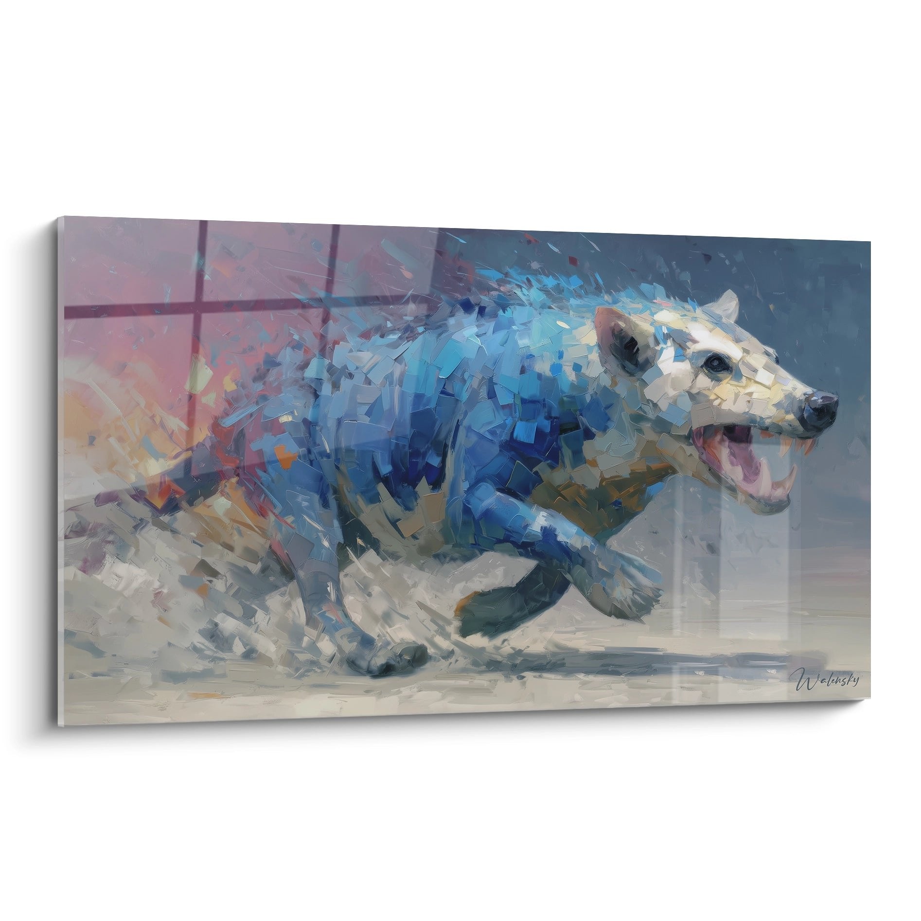 Expressionistisches Wandbild eines laufenden Andrewsarchus in blauen und erdigen Tönen mit fragmentierter Maltechnik