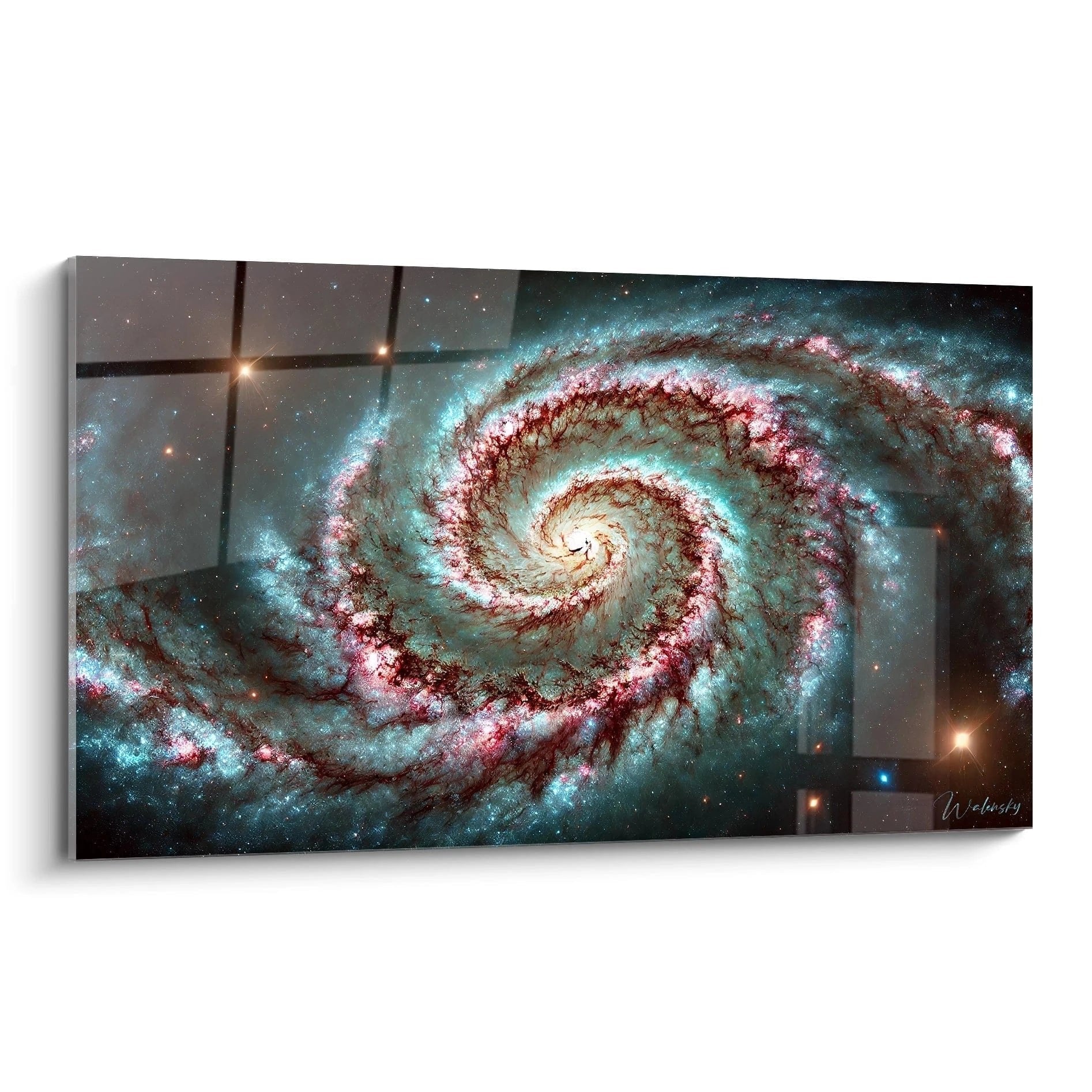 Leuchtende Spiralgalaxie in türkis und rot auf schwarzem Weltraum-Hintergrund als hochwertiges Wandbild