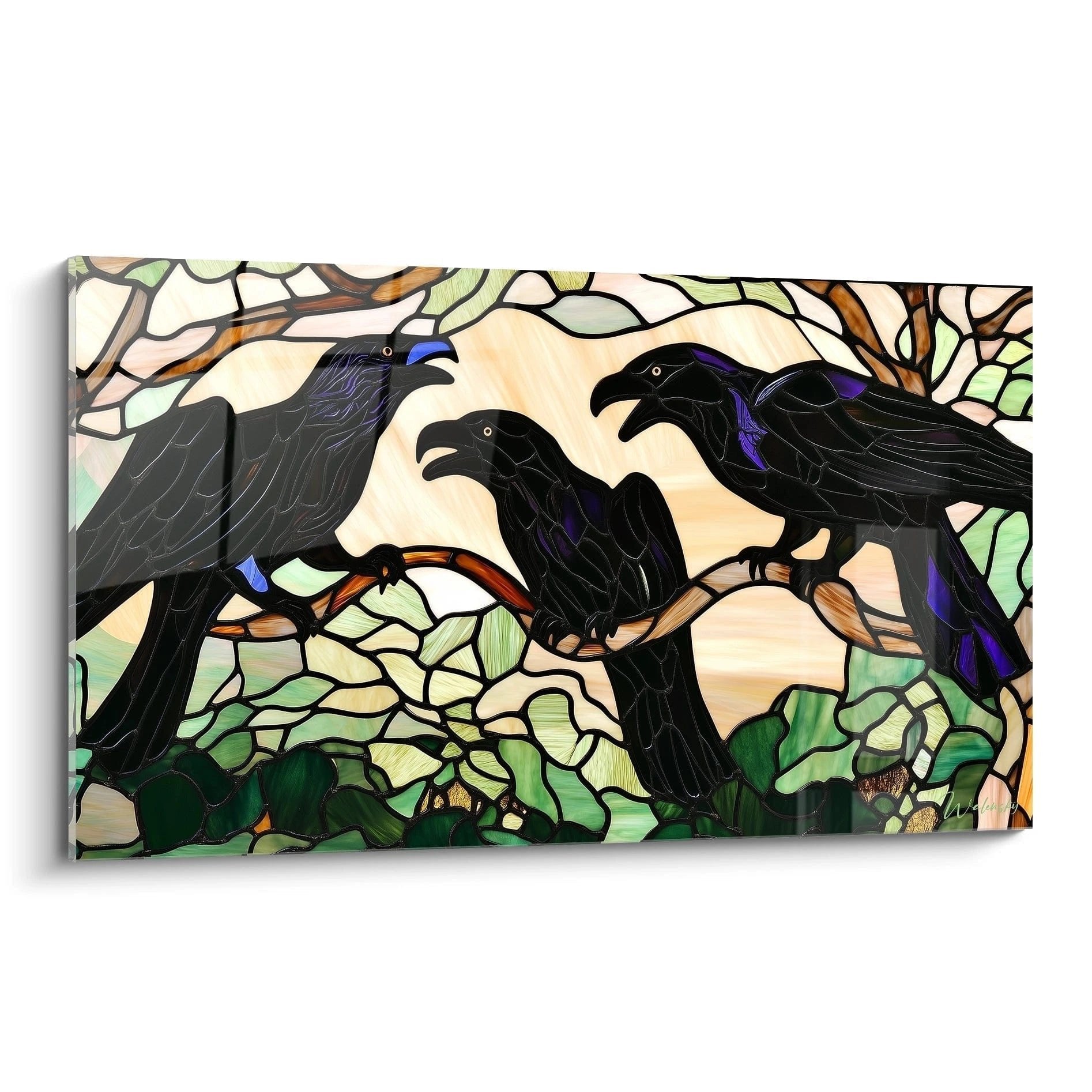 Wandbild drei schwarze Raben auf Ast im Glasmalerei-Stil mit warmen Farben und mystischer Ausstrahlung
