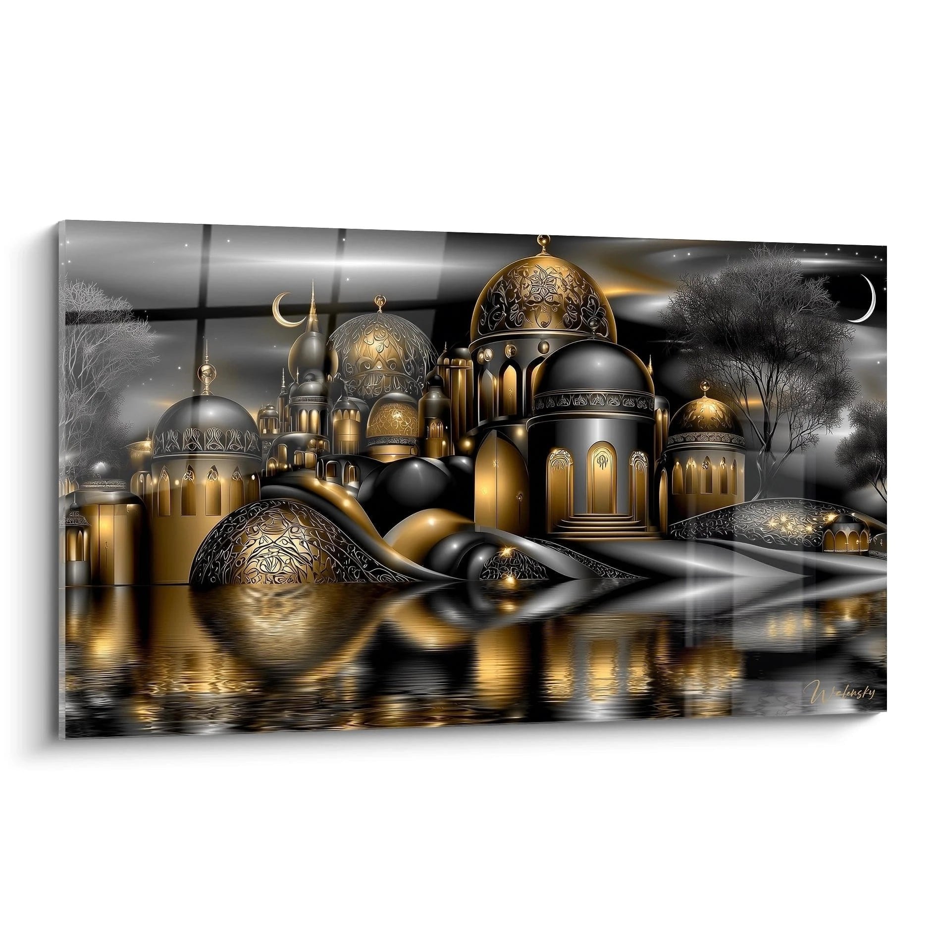 Wandbild orientalische Palastarchitektur mit goldenen Kuppeln und Minaretten in schwarz-gold, Edition Schwarzes Gold