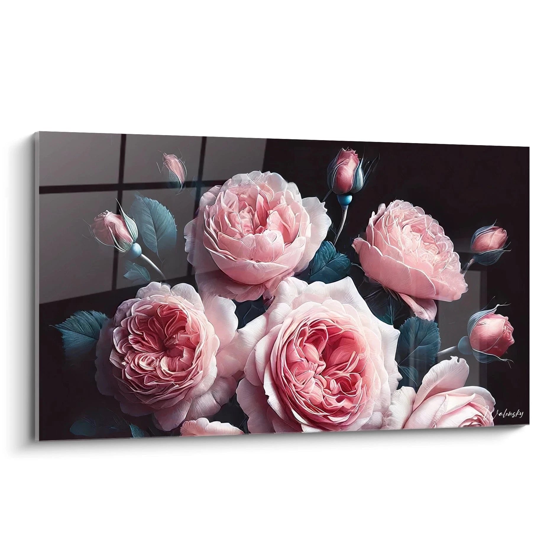 Wandbild mit rosa Rosen vor dunklem Hintergrund, romantische Blütenpracht in verschiedenen Rosatönen
