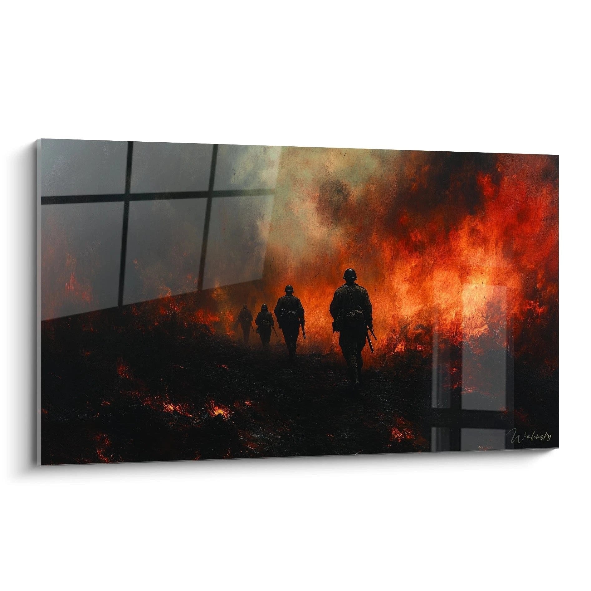 Wandbild zeigt drei Soldaten als Silhouetten vor dramatischem Flammenmeer im Ersten Weltkrieg