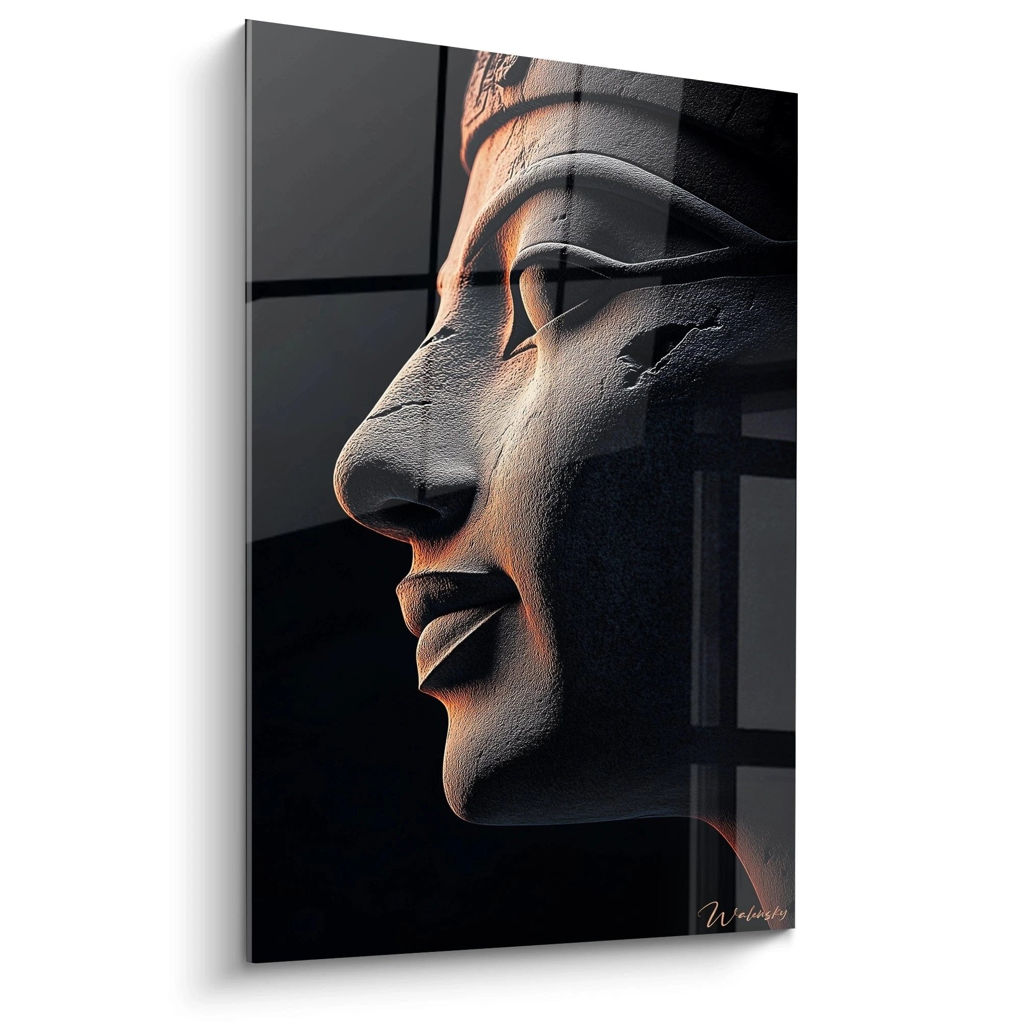 Buddha Statue Wandbild mit dramatischem Lichtspiel in Gold und Schwarz für spirituelle Raumdekoration