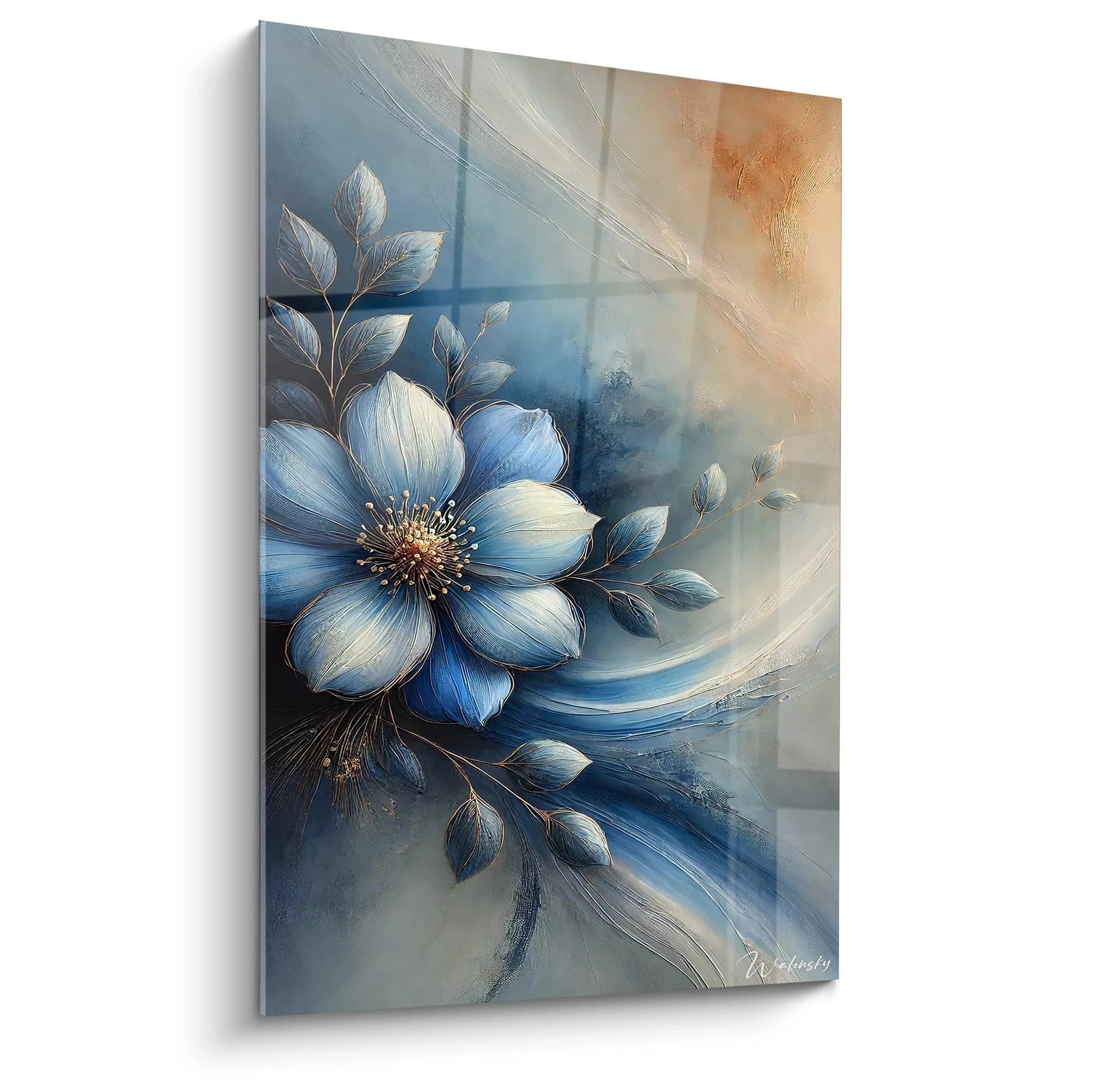 Elegantes Wandbild mit blauer Blüte und goldenen Akzenten in moderner Kunstform für stilvolle Wohnräume
